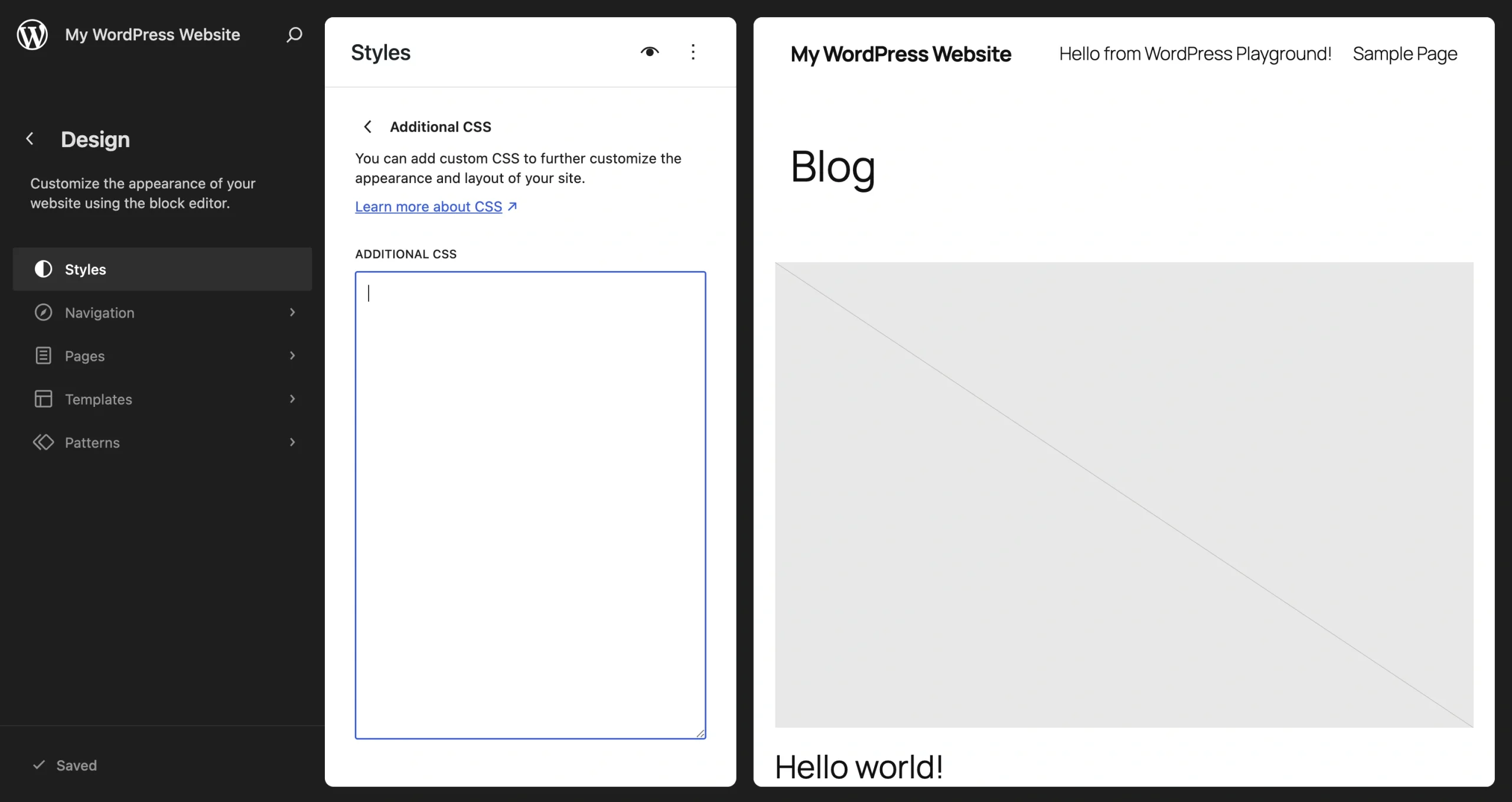WordPress Additional CSS panel showing an empty text box for entering custom CSS code