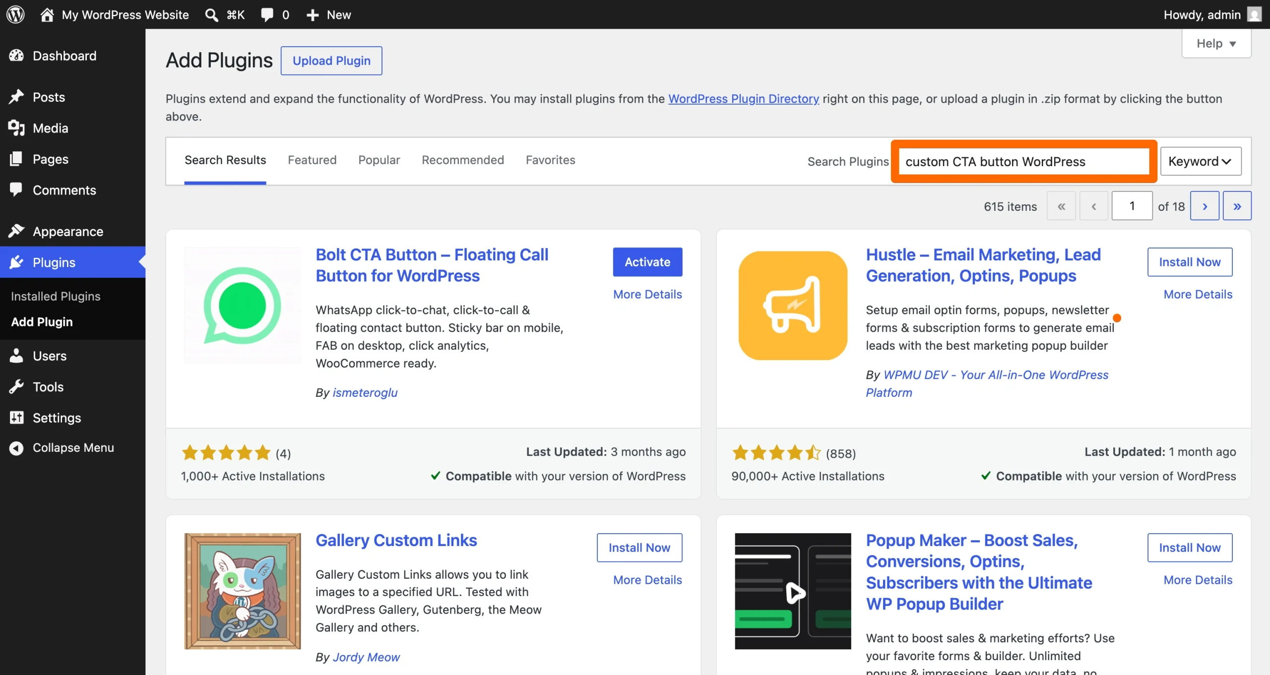 WordPress Add Plugins page showing search results for “custom CTA button WordPress