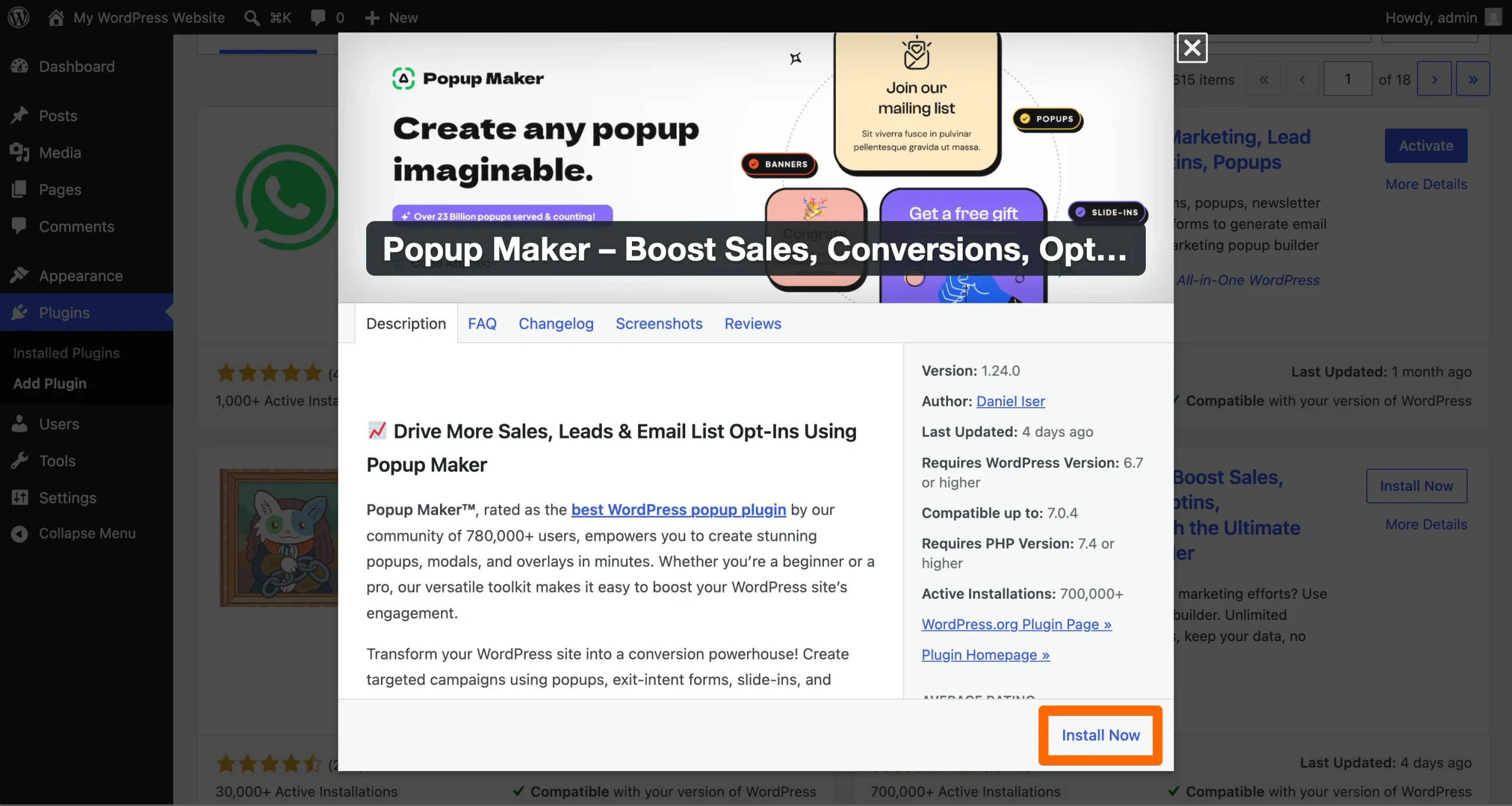Popup Maker plugin details window with the Install Now button highlighted