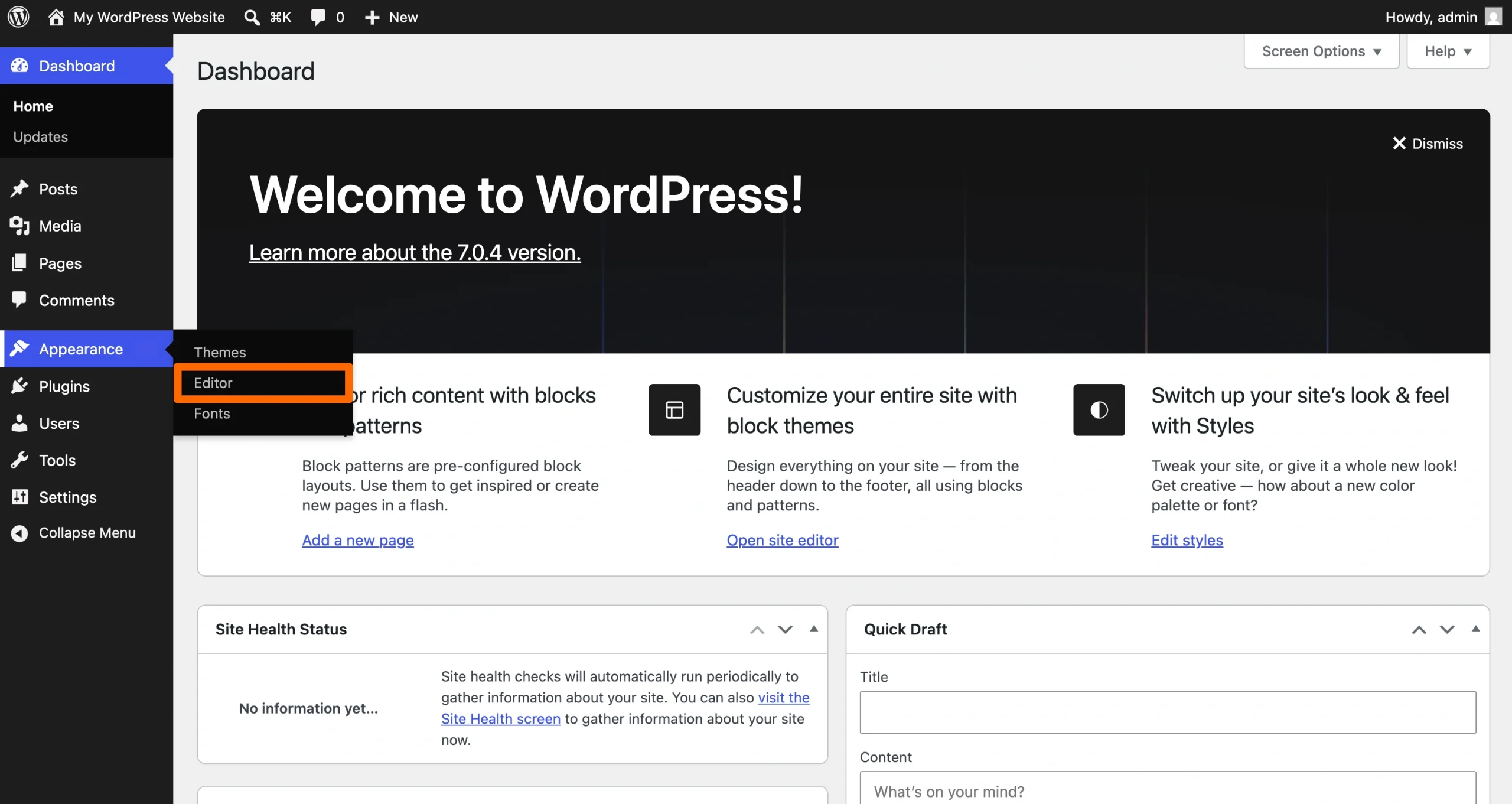 WordPress dashboard with the Appearance menu open and Editor highlighted