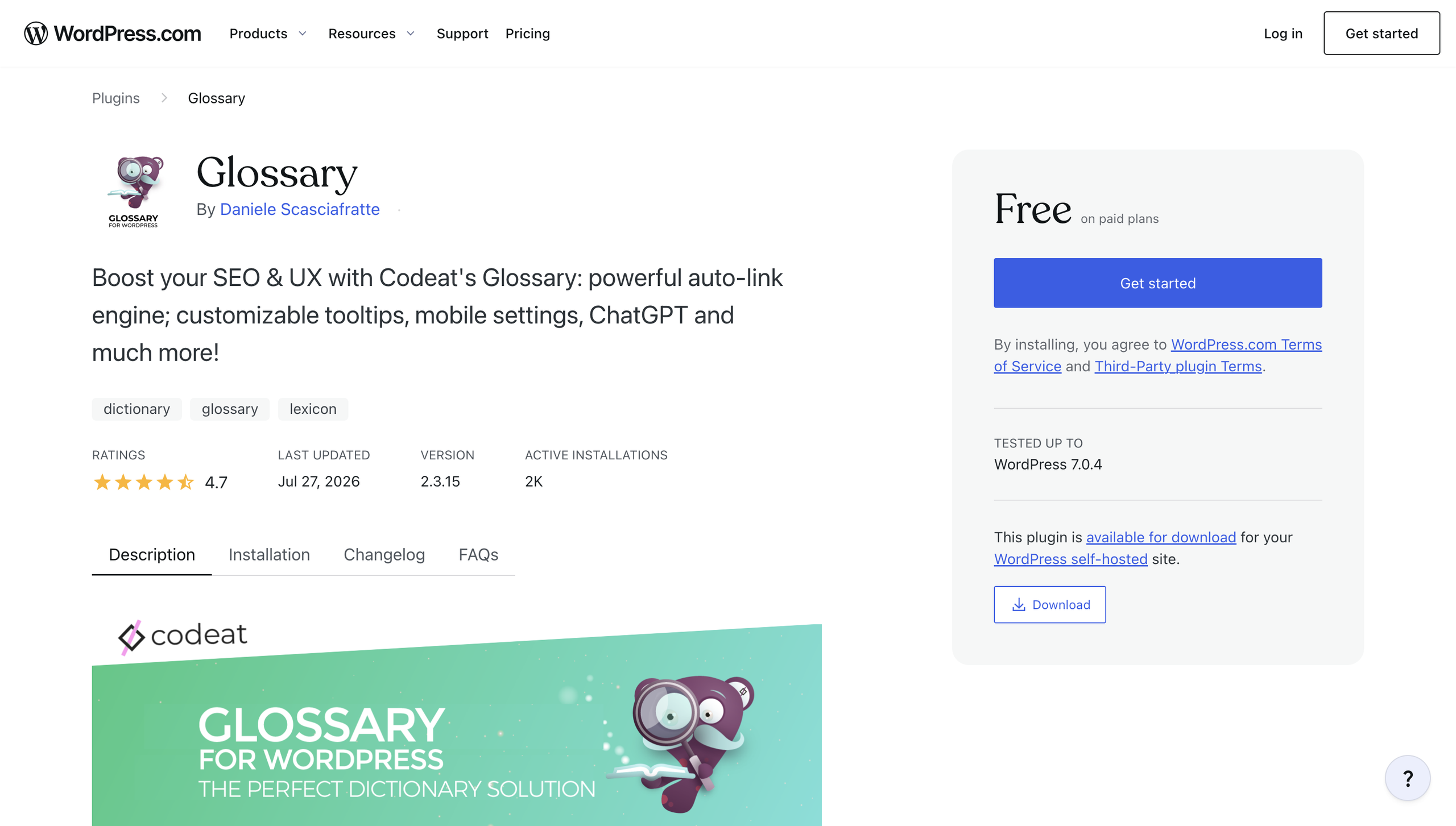 Glossary by Codeat WordPress plugin page showing ratings, description, and download options