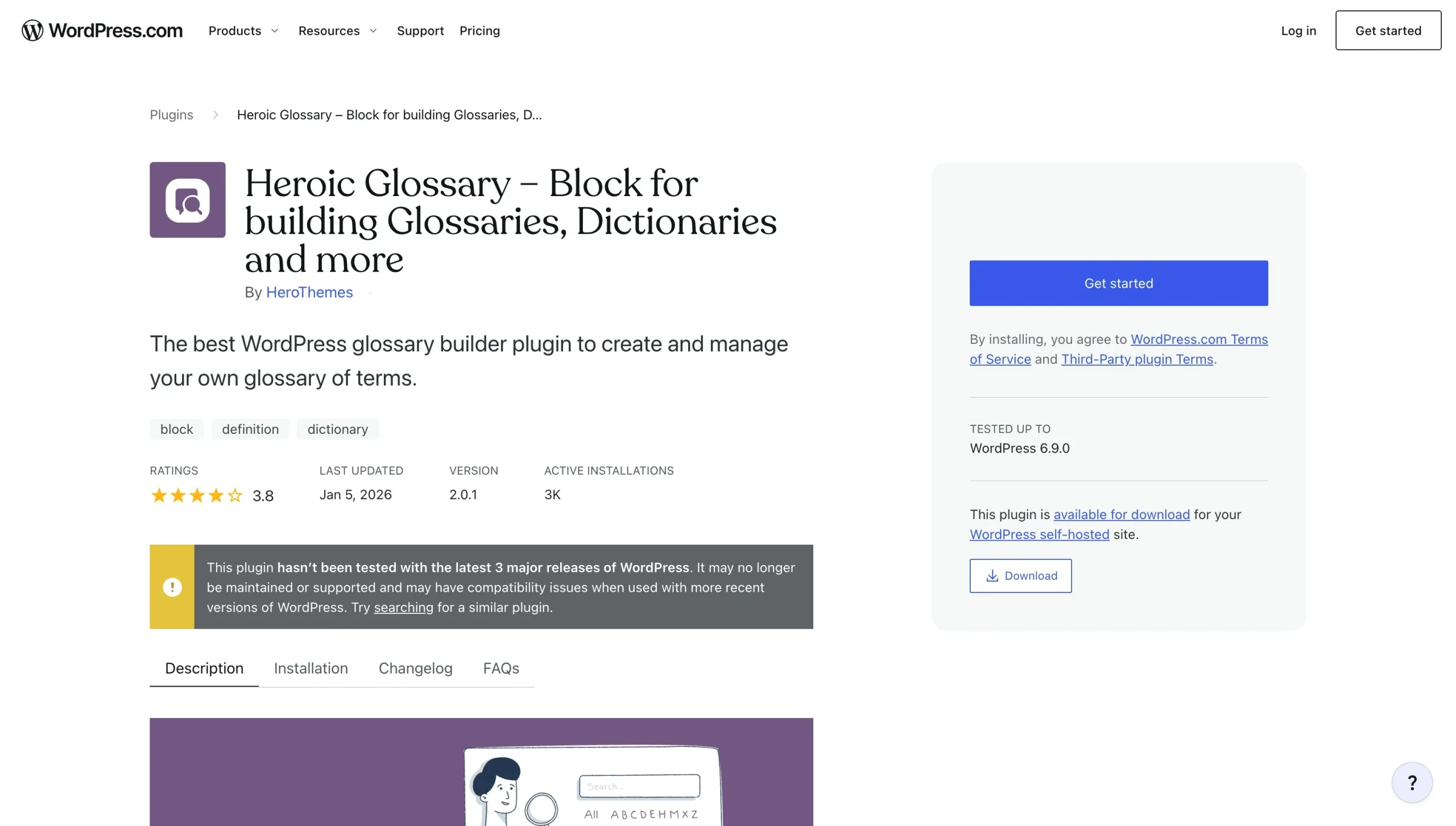 Heroic Glossary WordPress plugin page showing ratings, description, and download options