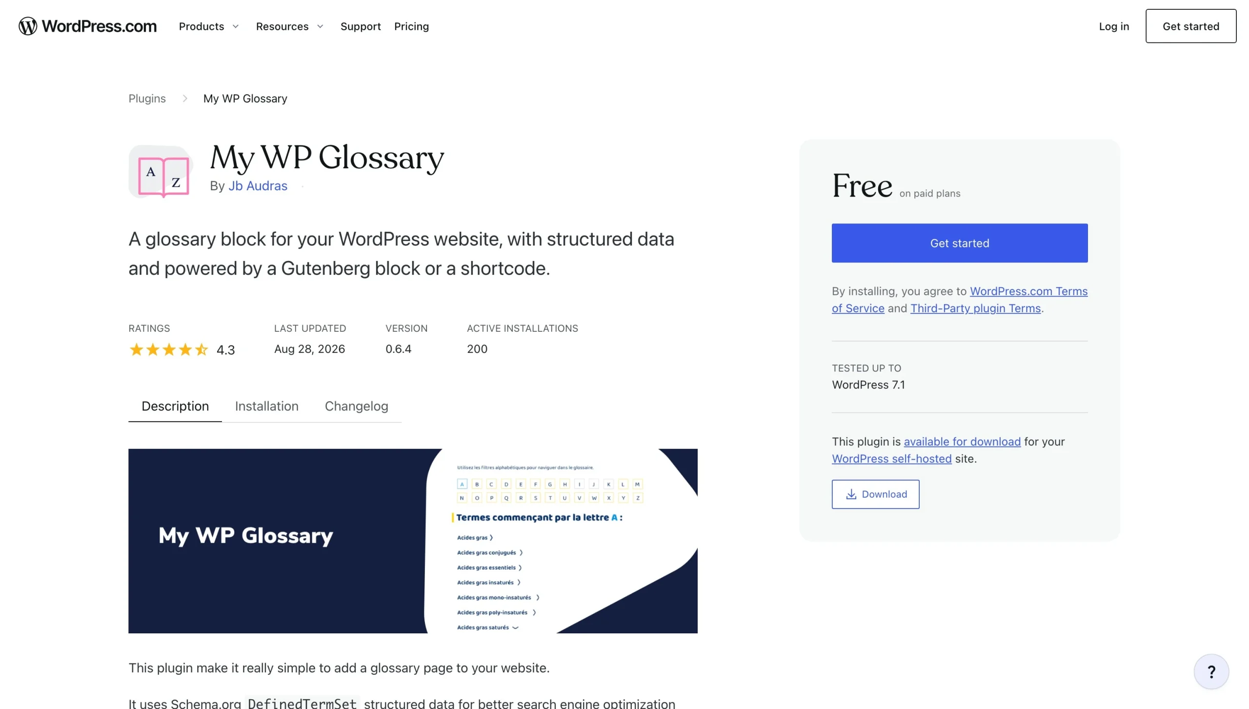 My WP Glossary WordPress plugin page with ratings, description, and preview
