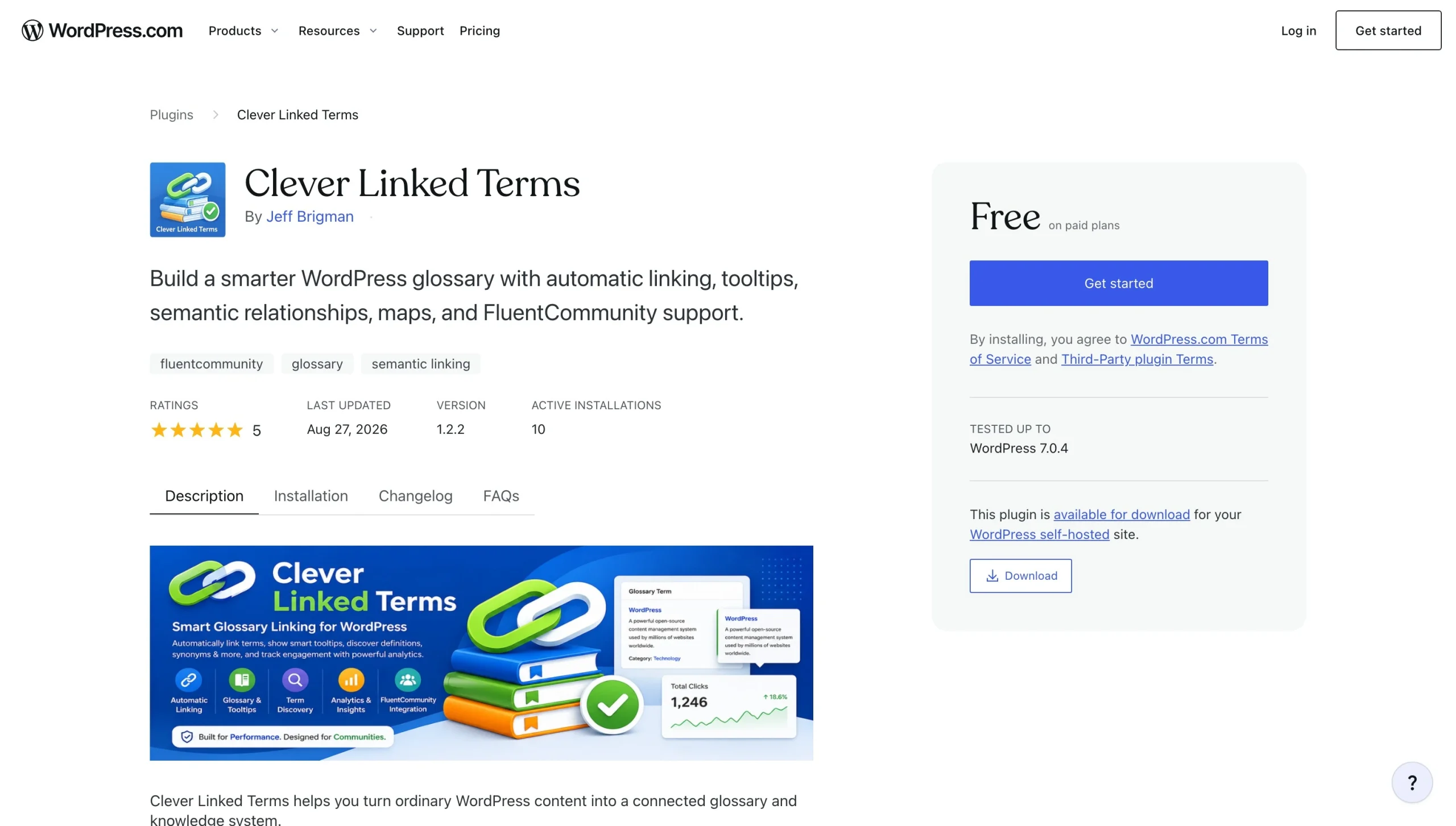 Clever Linked Terms WordPress plugin page with features, ratings, and download options