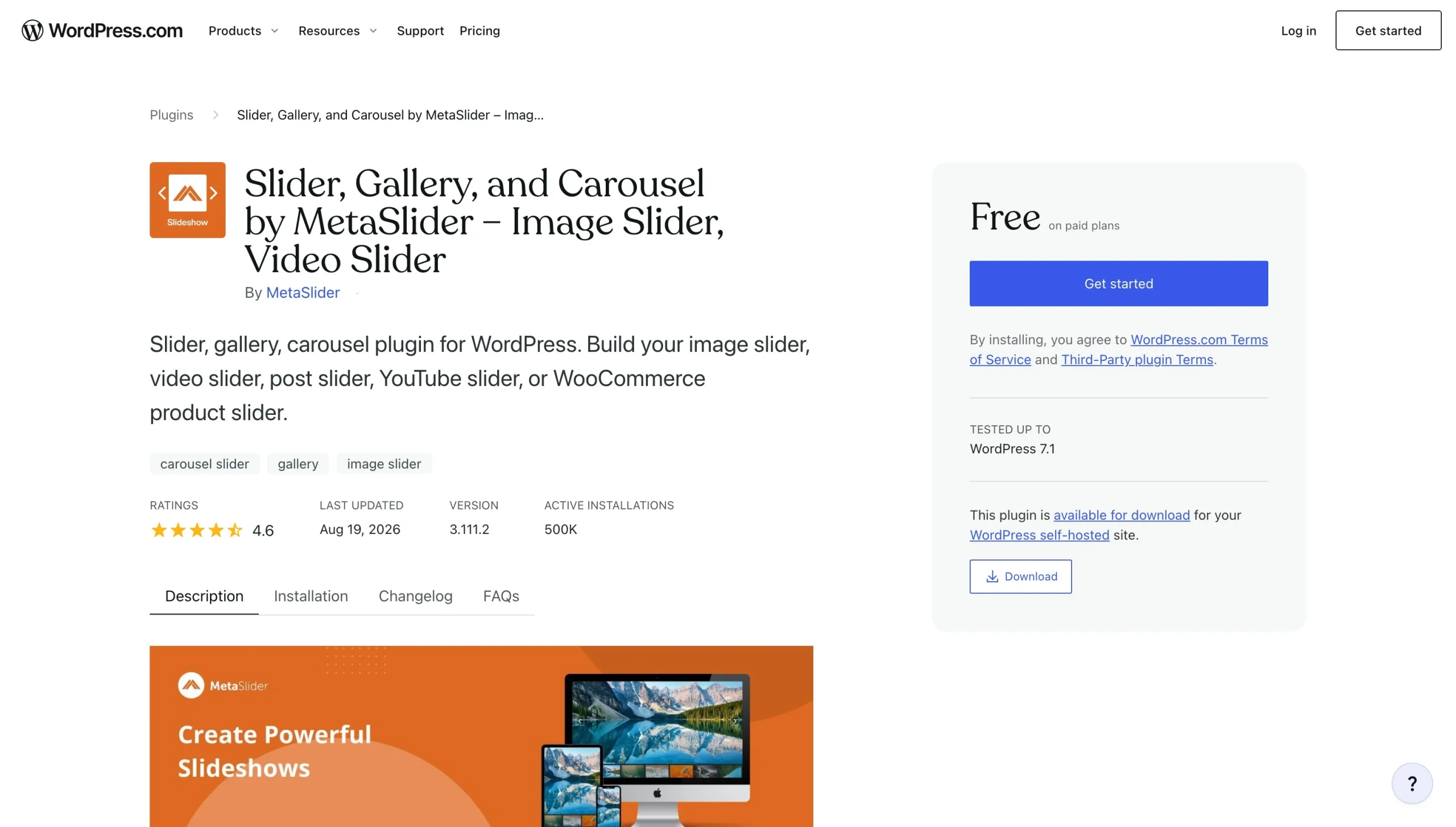 MetaSlider WordPress plugin page showing ratings, installations, and slideshow features