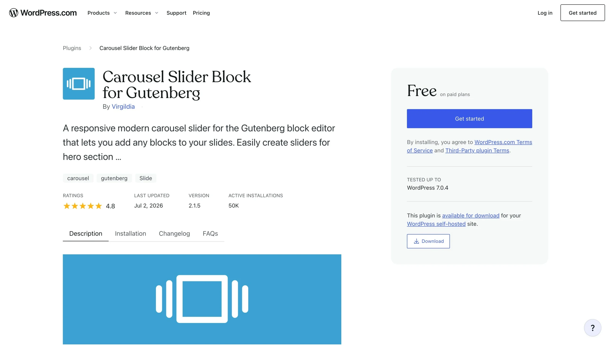 Carousel Slider Block for Gutenberg plugin page with ratings and installation details