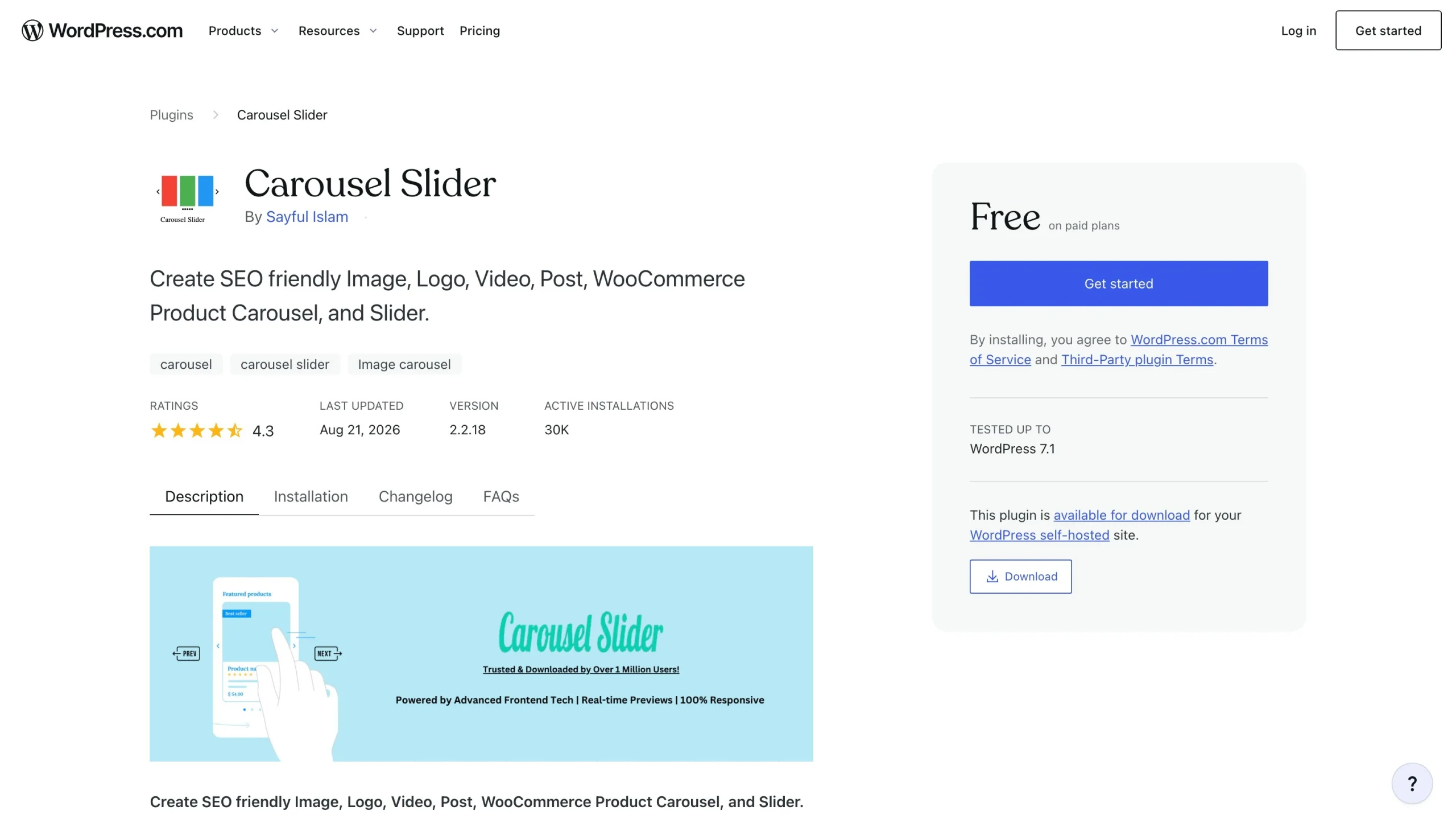 Carousel Slider WordPress plugin page highlighting responsive image and product carousels