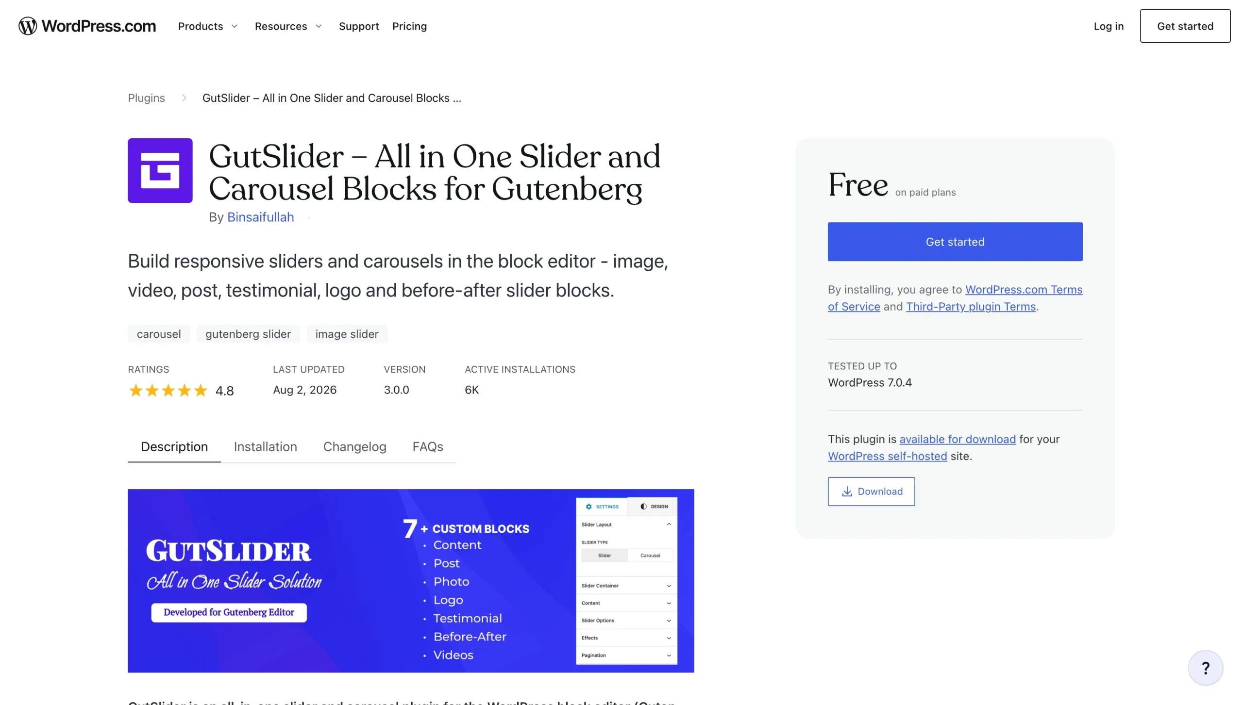 GutSlider WordPress plugin page showing slider blocks, ratings, and features
