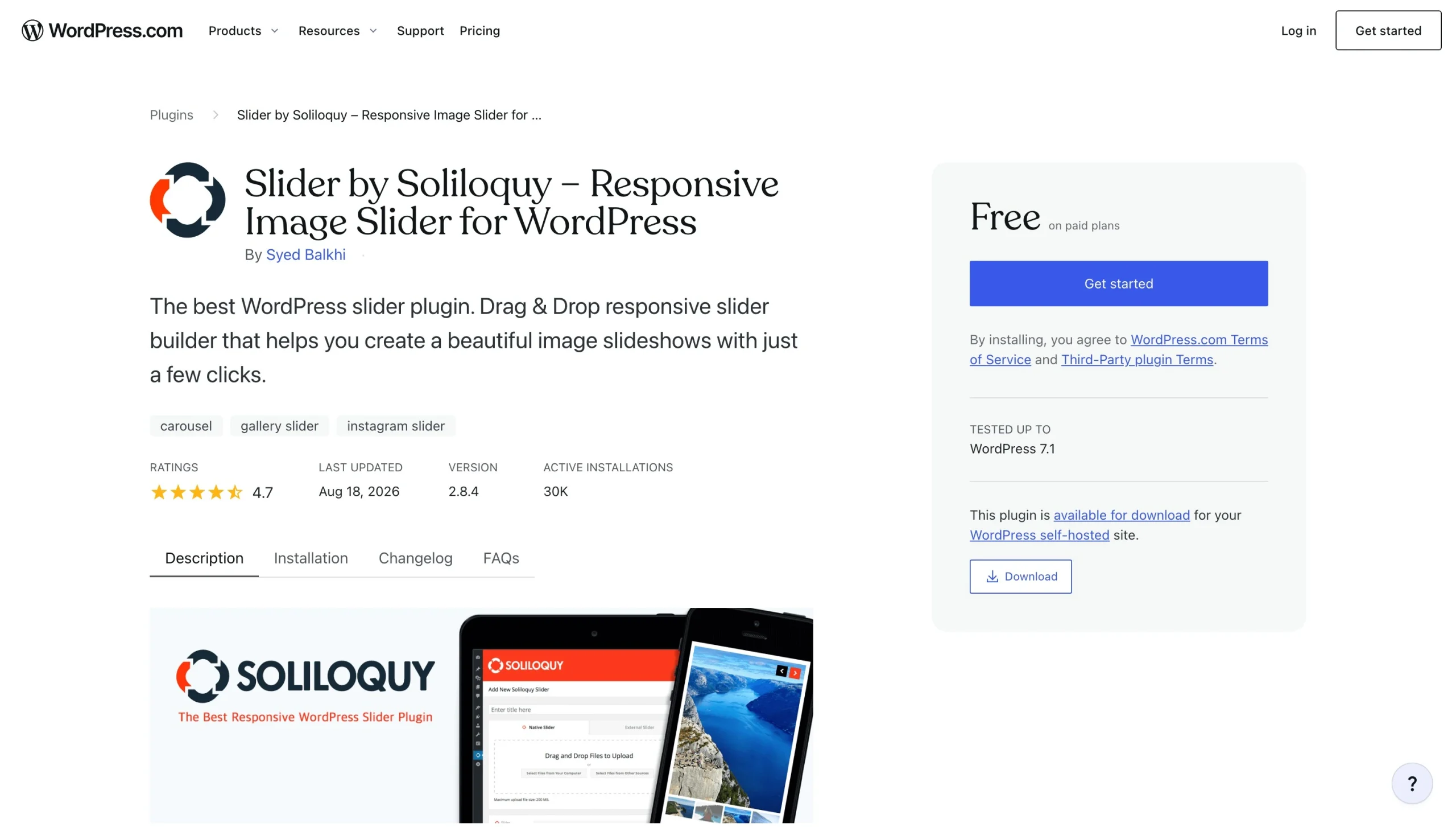 Soliloquy WordPress plugin page presenting responsive image slider features and ratings