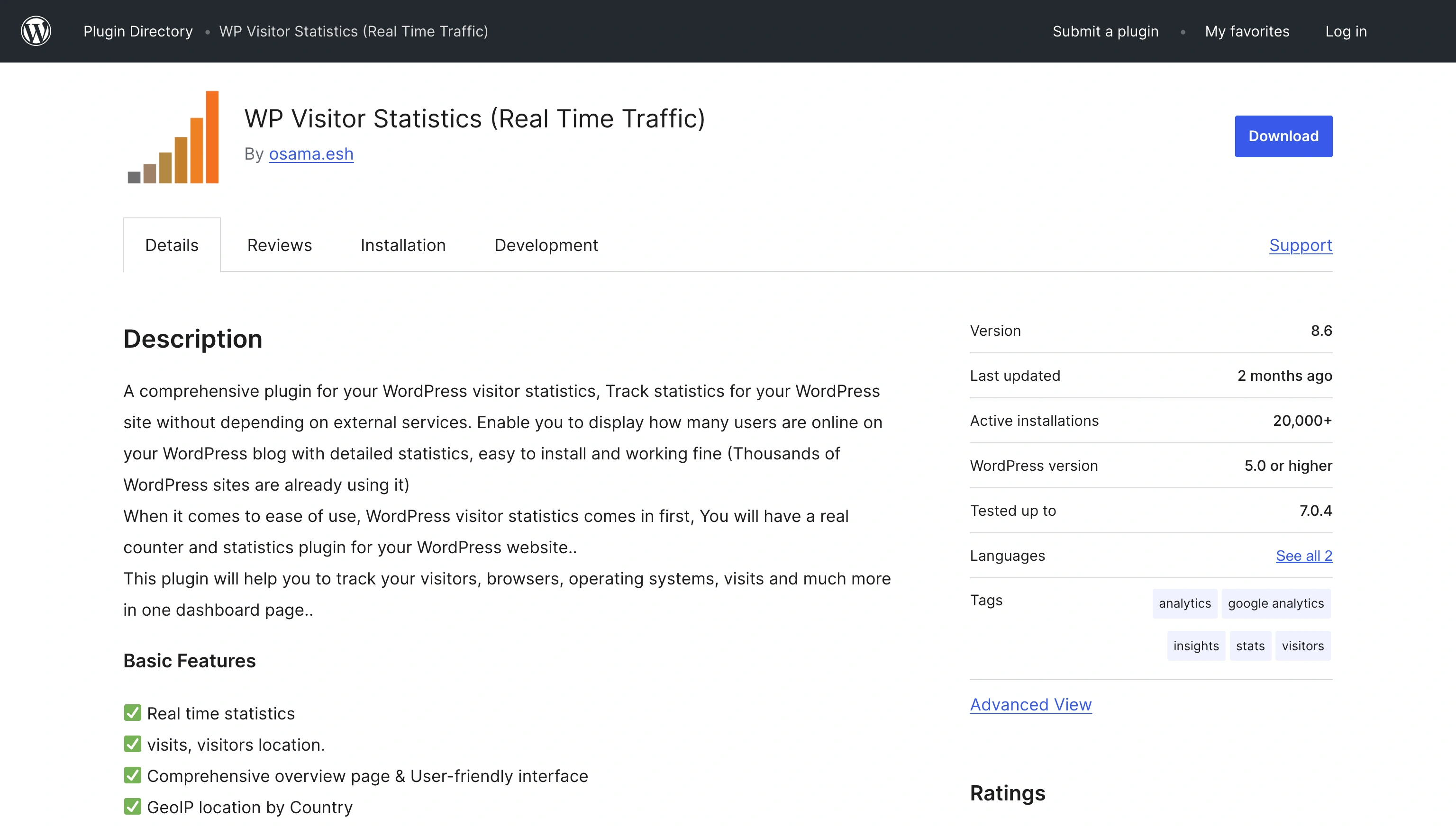WP Visitor Statistics plugin page with real-time traffic analytics