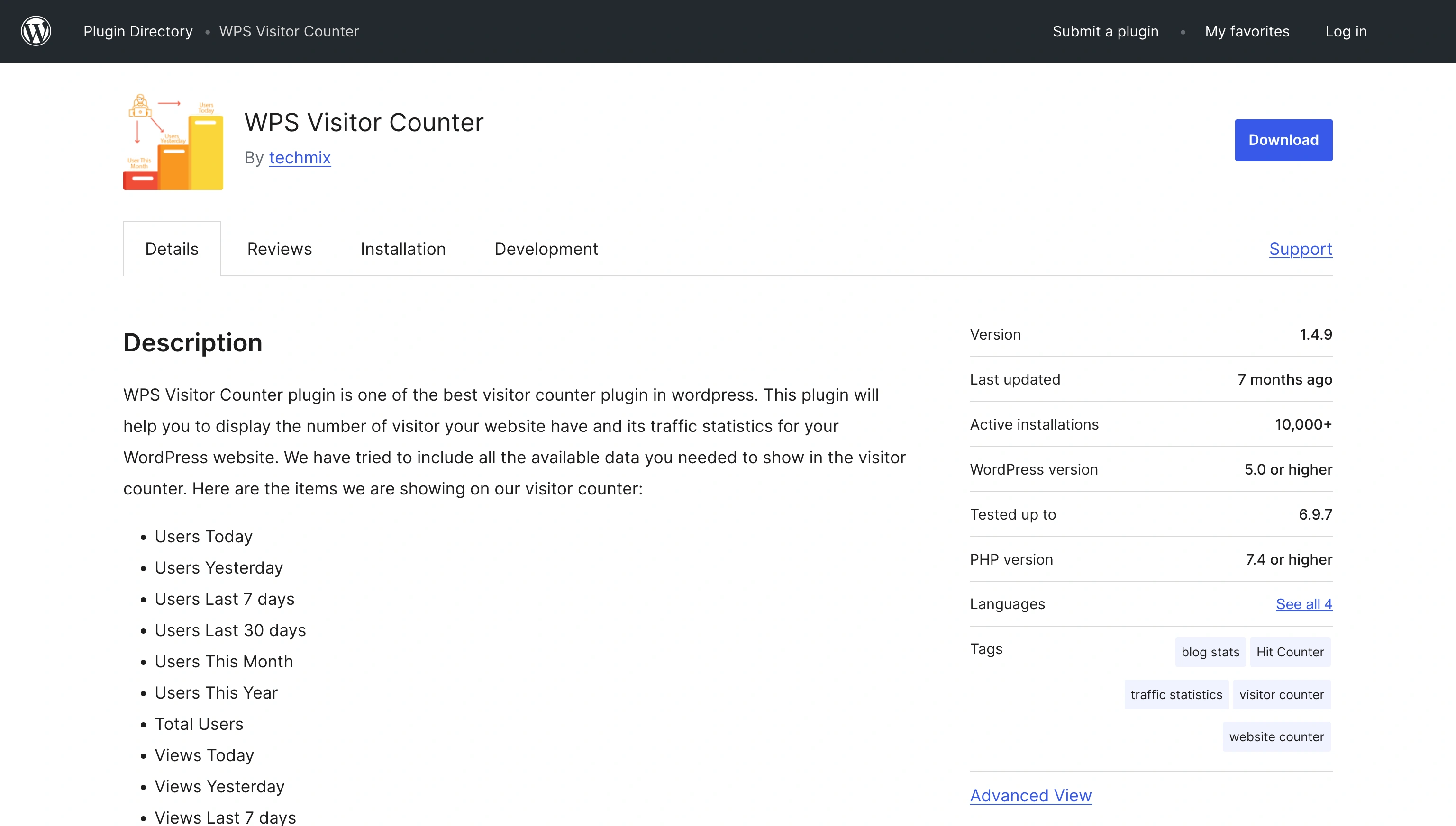 WPS Visitor Counter plugin page with visitor count and traffic statistics