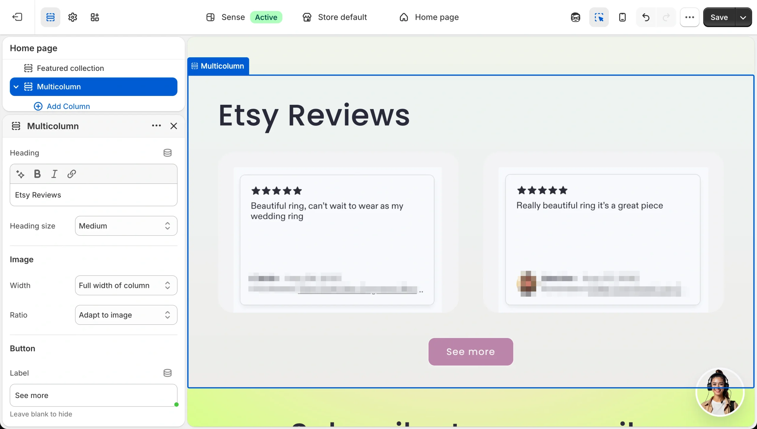 Multicolumn settings displaying Etsy review screenshots in a Shopify storefront layout