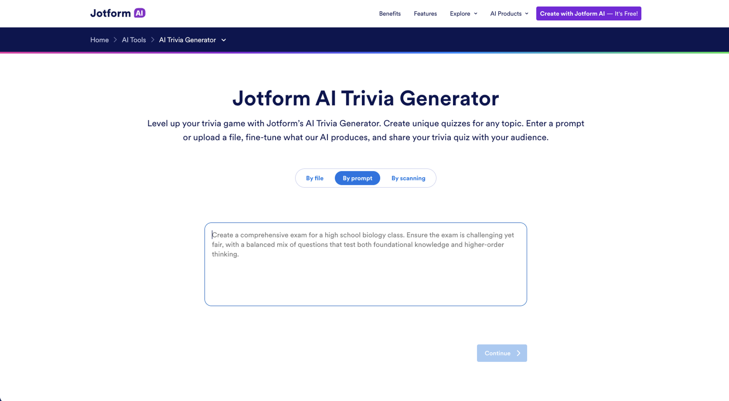 Jotform AI Quiz Generator Landing PAge
