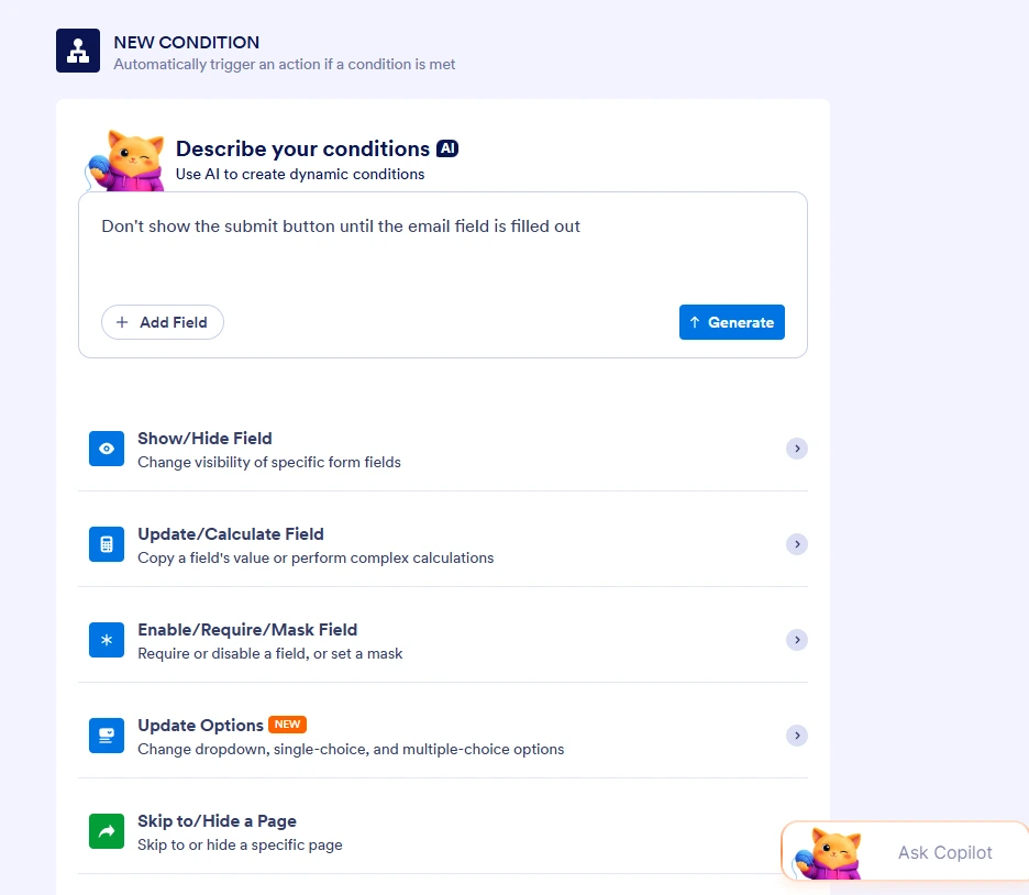 Jotform condition builder using AI to generate form logic from a prompt