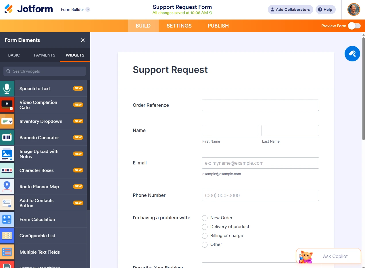 Jotform Form Builder showing a support request form and available widgets
