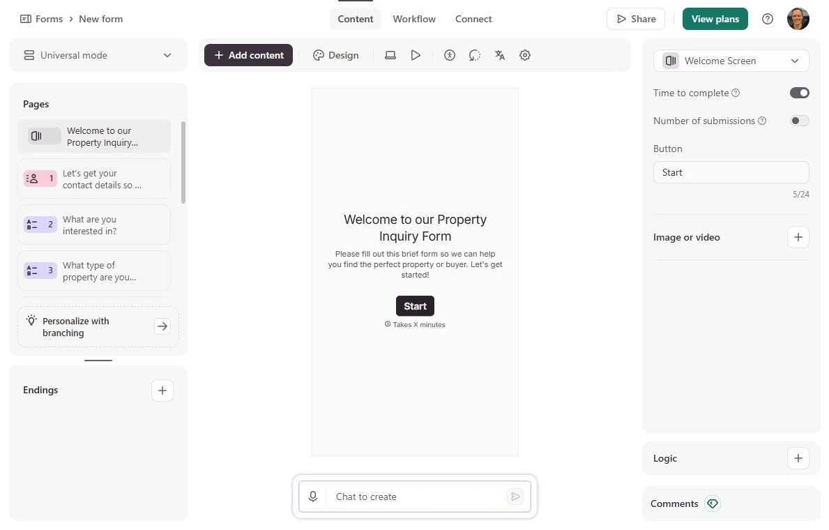 Typeform editor displaying a property inquiry form with page and logic controls