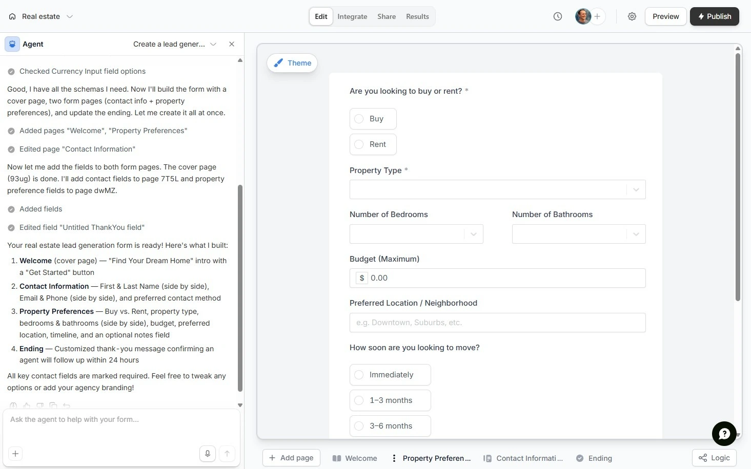 Fillout AI form builder creating a real estate lead generation form