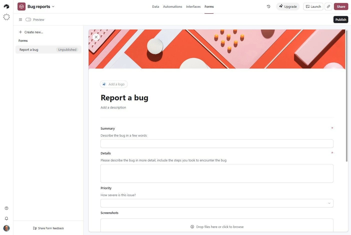Airtable form builder showing a bug report form with summary and priority fields