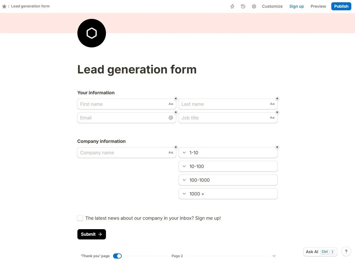 Tally form editor displaying a lead generation form with contact and company fields