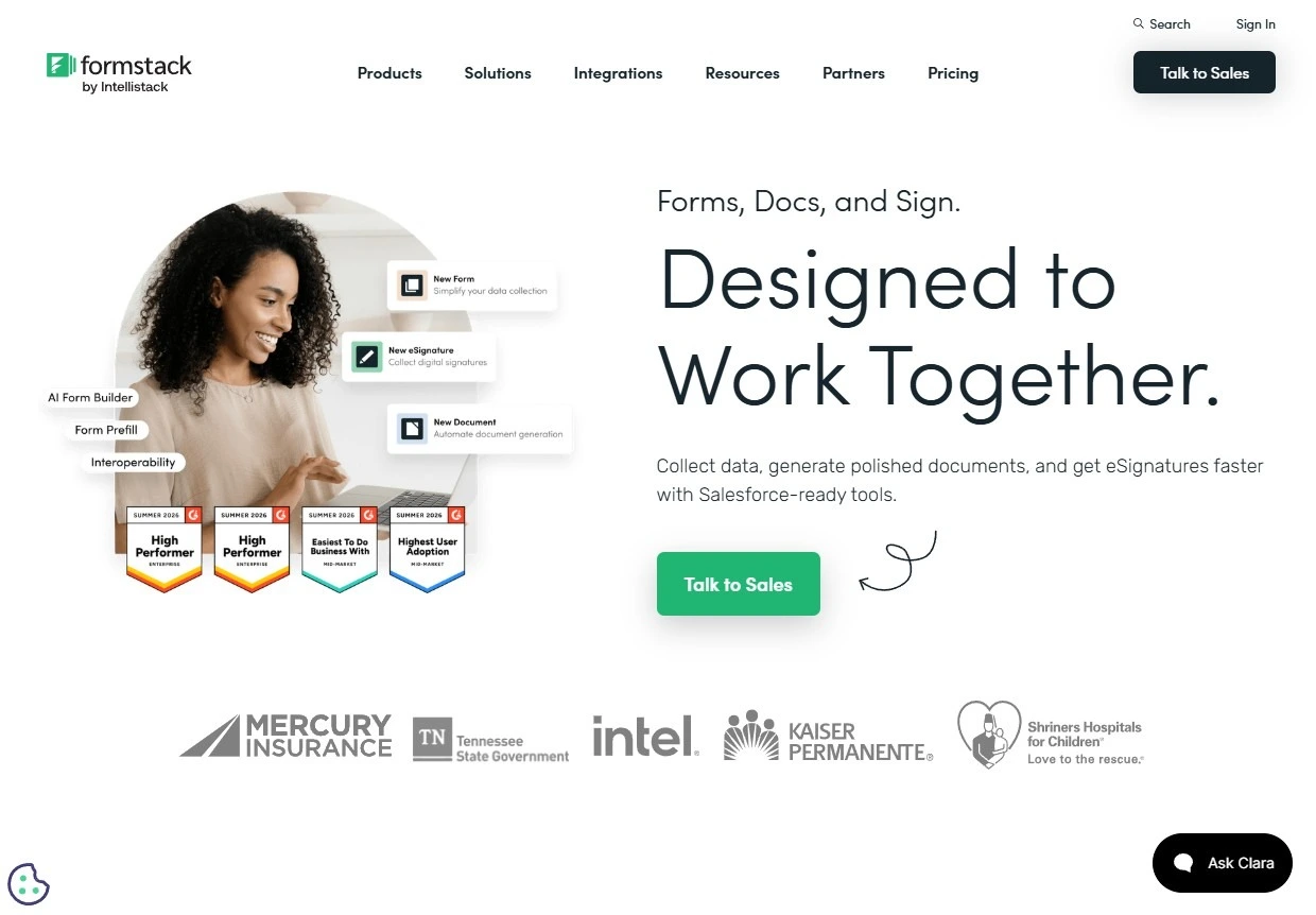 Formstack homepage promoting forms, documents, and e-signatures for connected business workflows