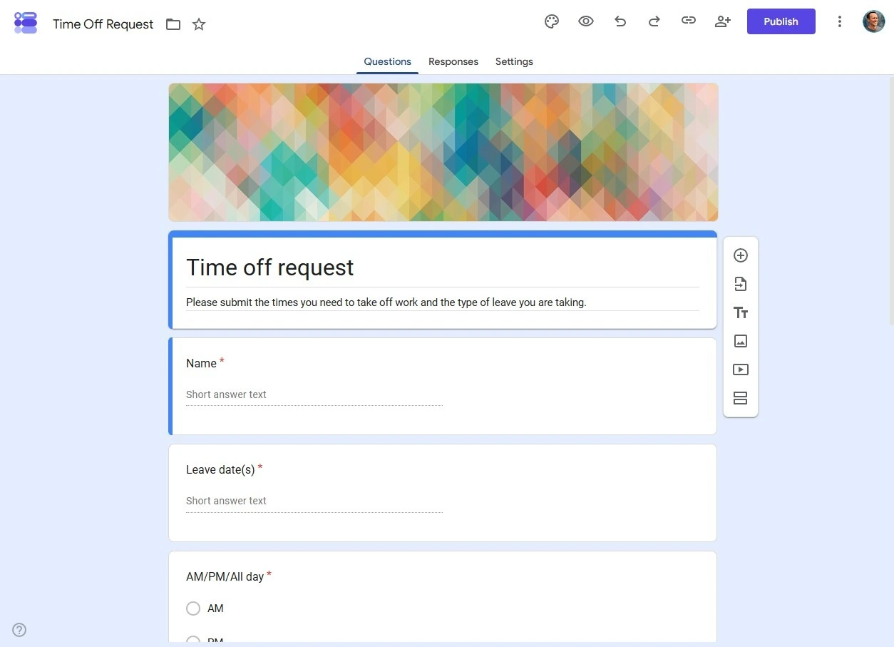 Google Forms editor showing a time off request form with leave fields