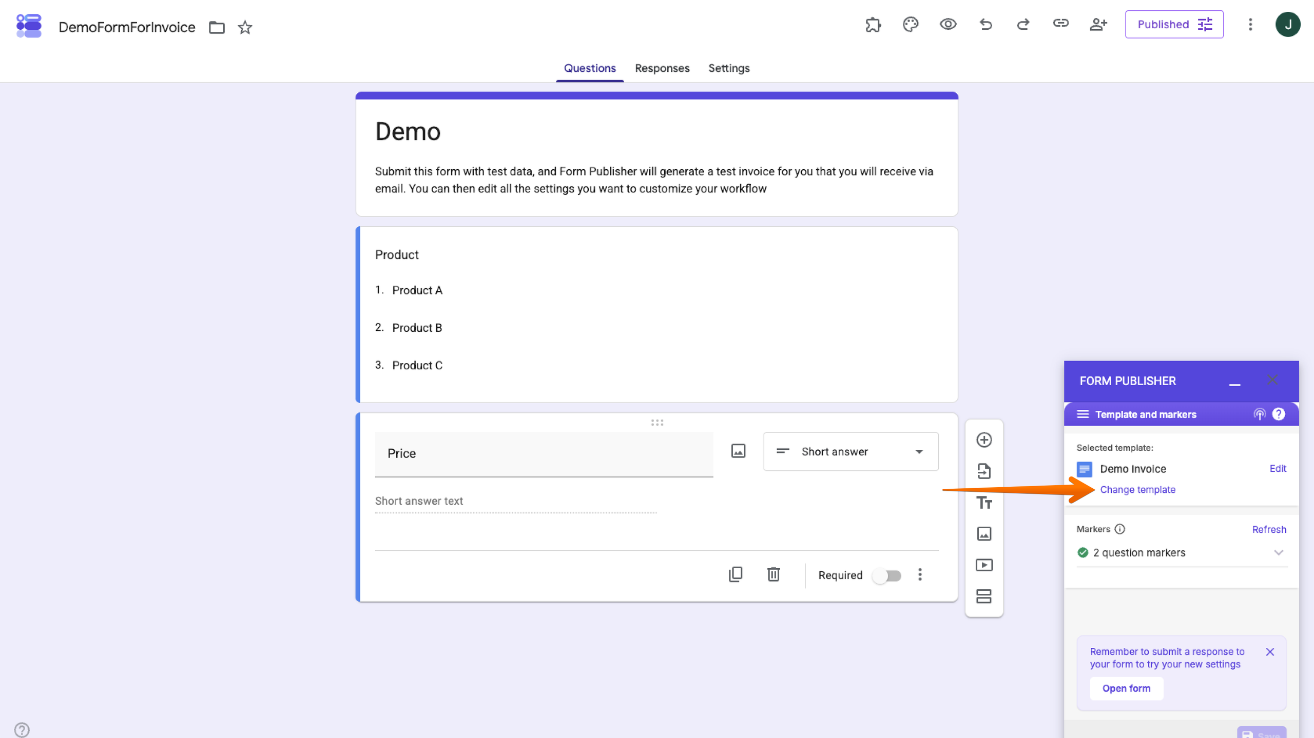 Demo Form Form Publisher Add-on Template and markers menu Change template button