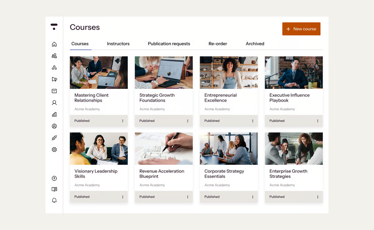 Online course platform dashboard showing a grid of published courses with a "New course" button