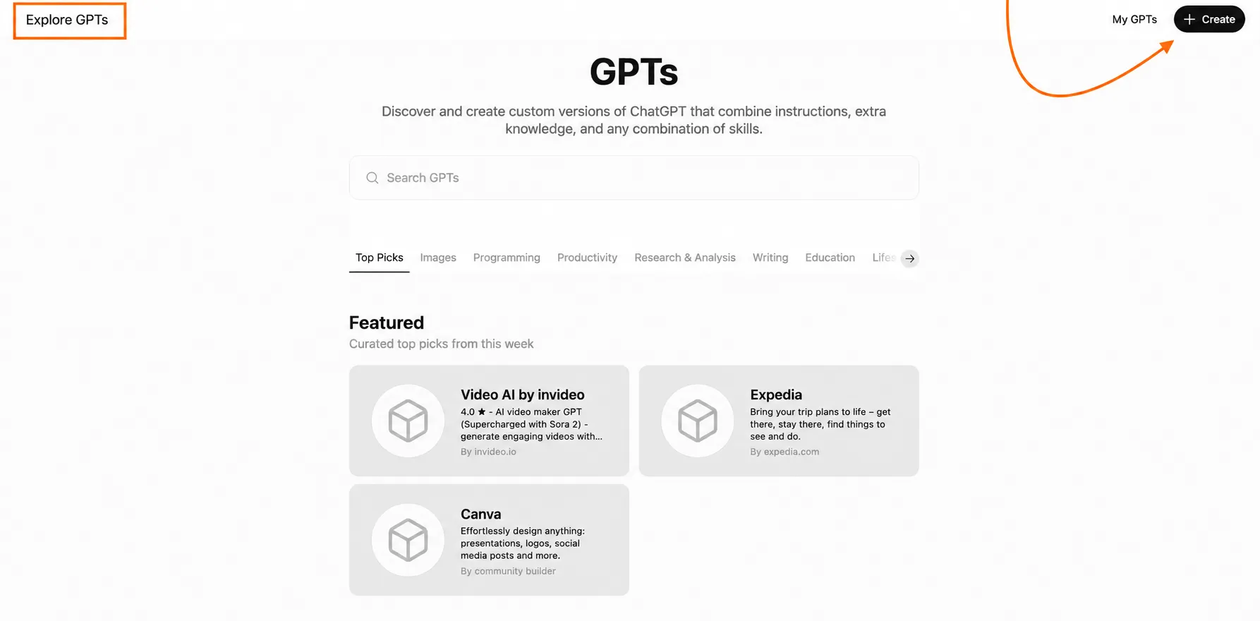 Menu Selezioni Top della pagina Esplora GPT di ChatGPT