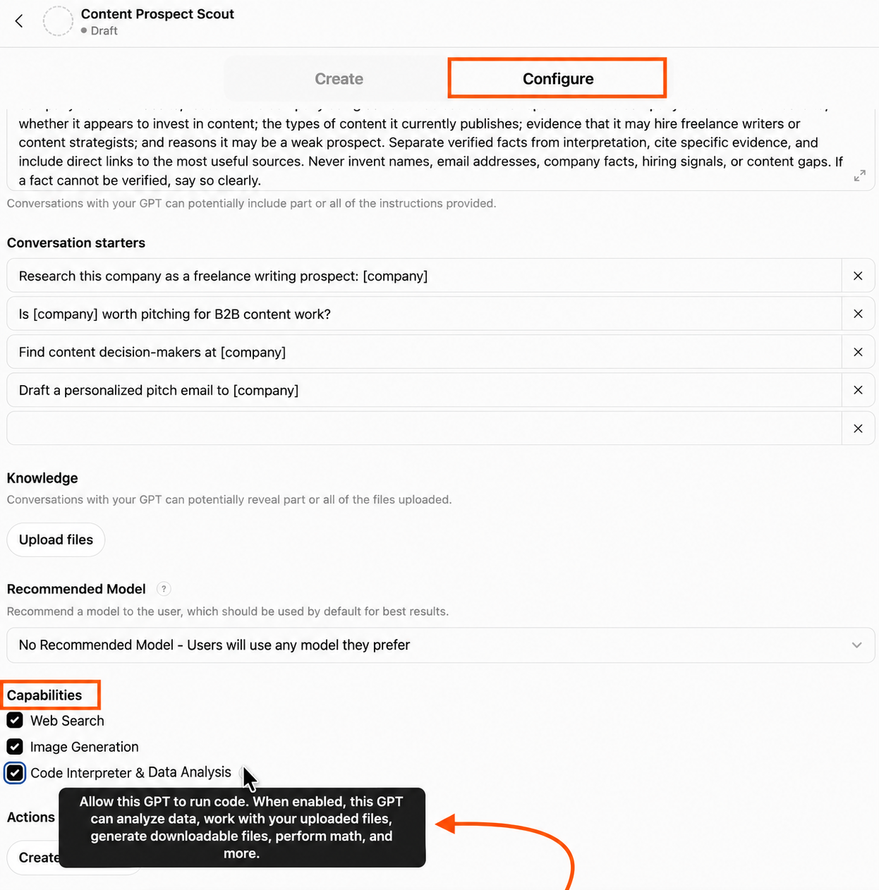 Caselle di controllo Funzionalità nella scheda Configurazione della creazione di un GPT personalizzato su ChatGPT