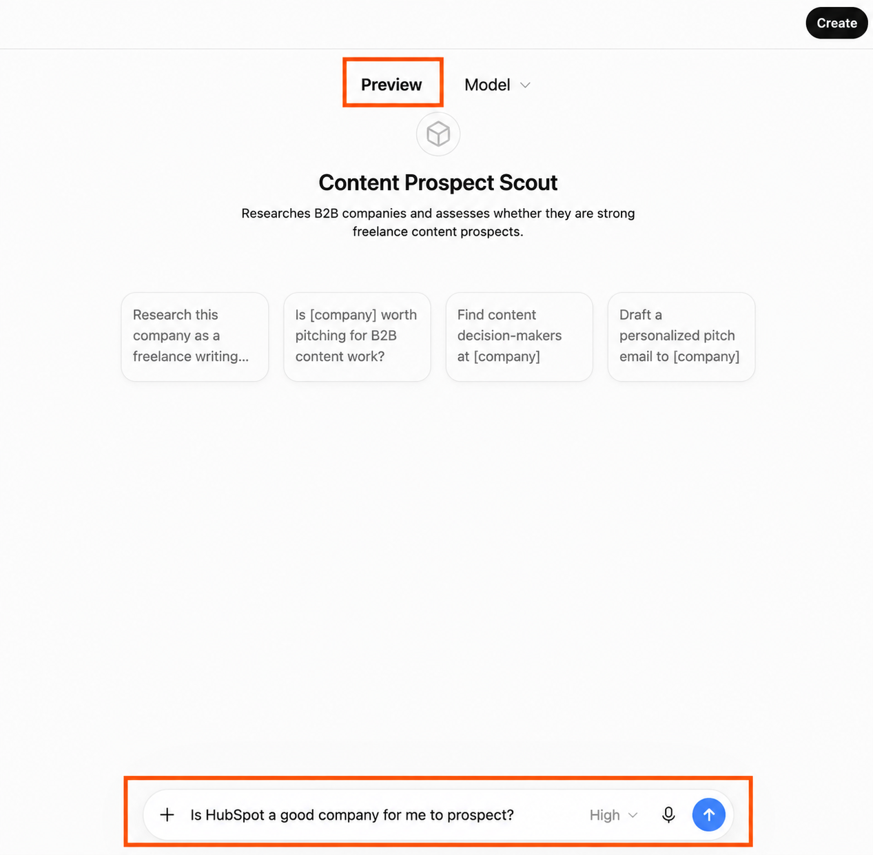 Prompt di test nella scheda Anteprima del GPT personalizzato