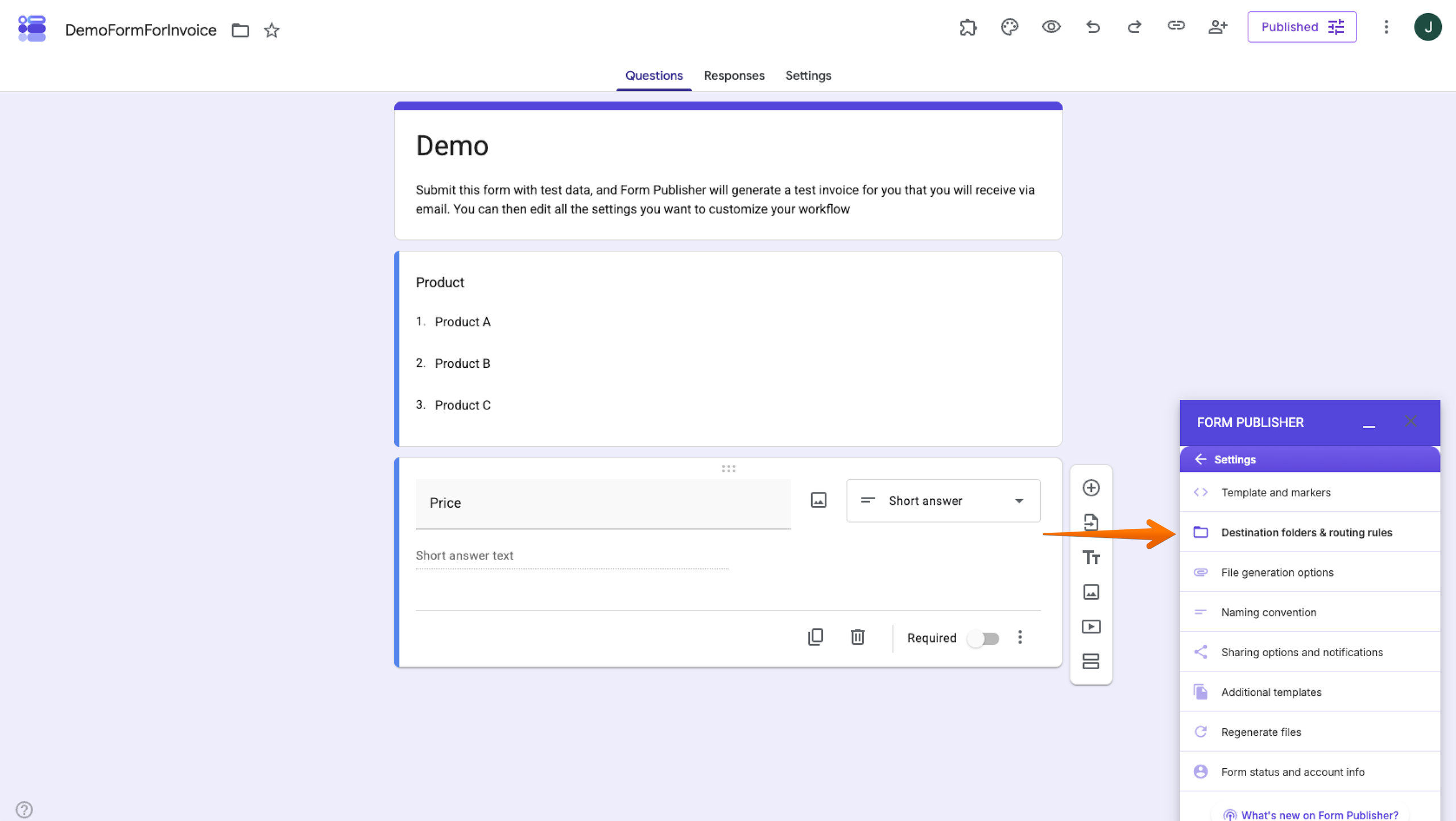 Demo Form Form Publisher Add-on Destination folders and routing rules menu