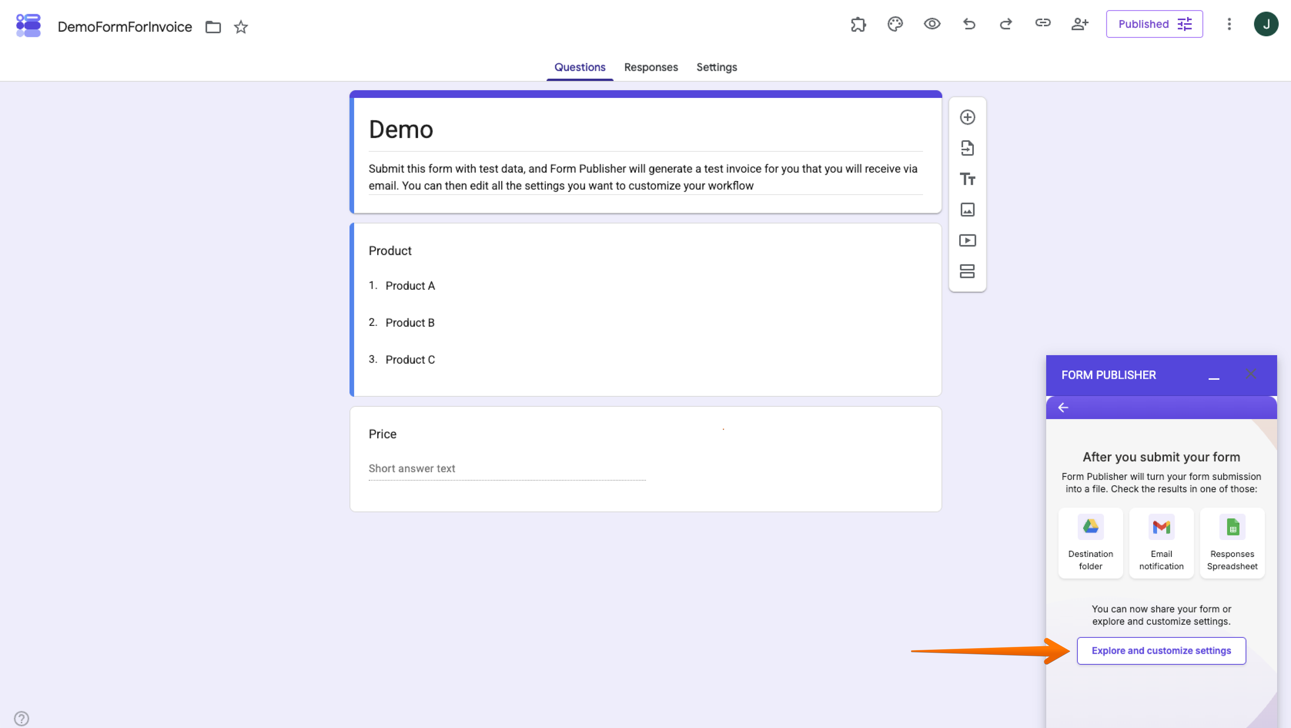 Demo Form Form Publisher Add-on Explore and customize settings button