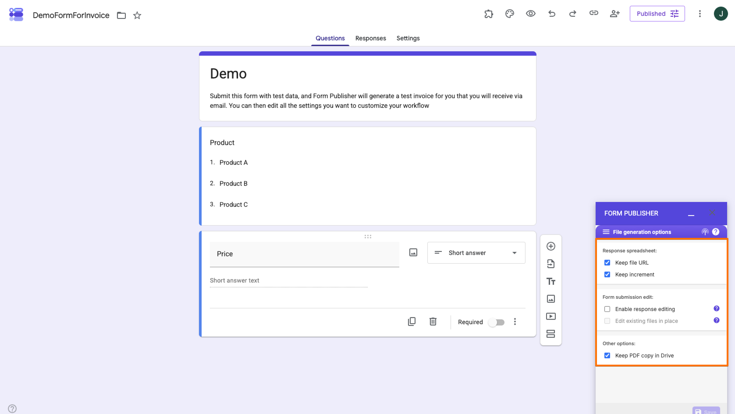 Demo Form Form Publisher Add-on File generation options menu options