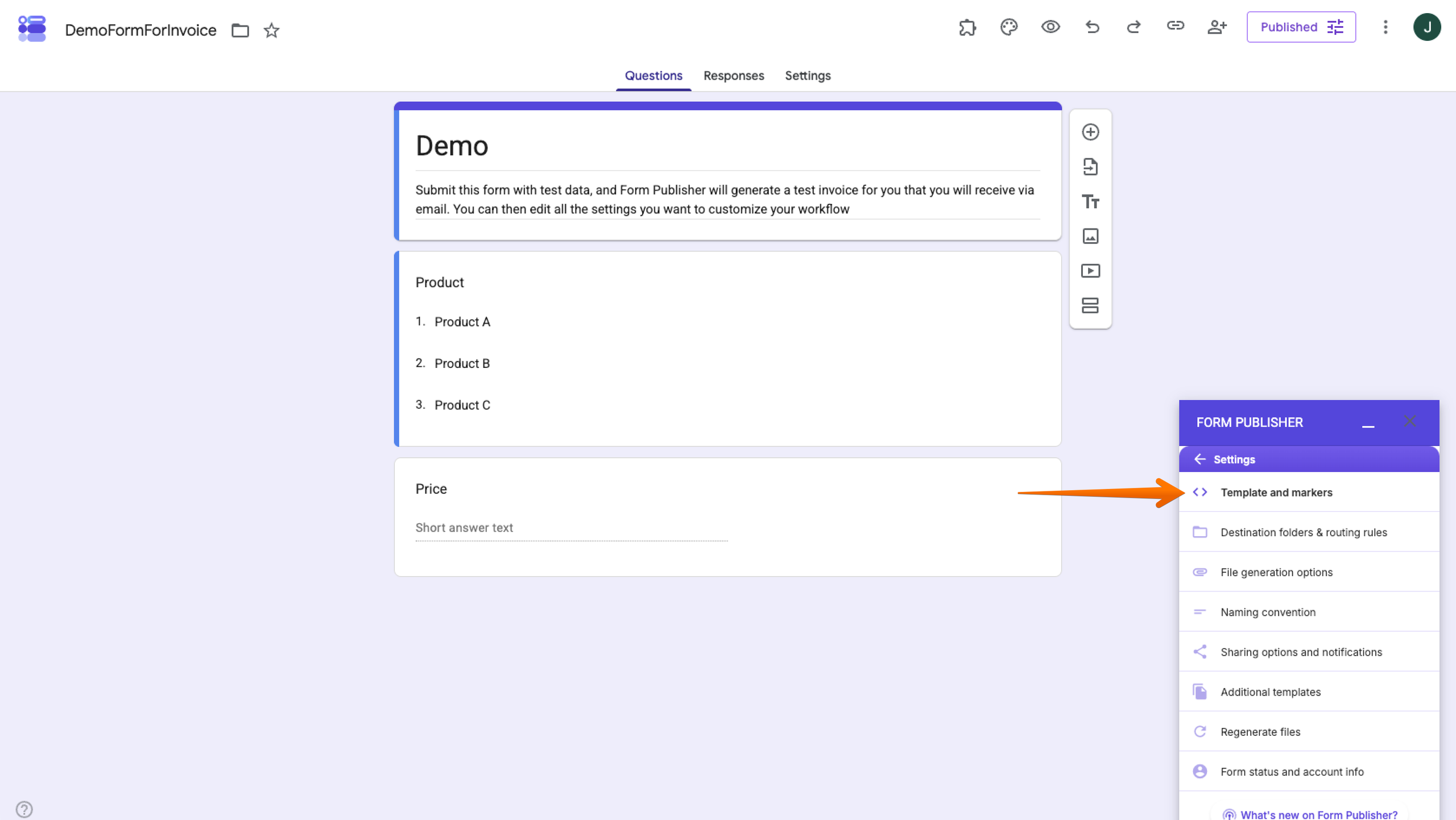 Demo Form Form Publisher Add-on Template and markers menu