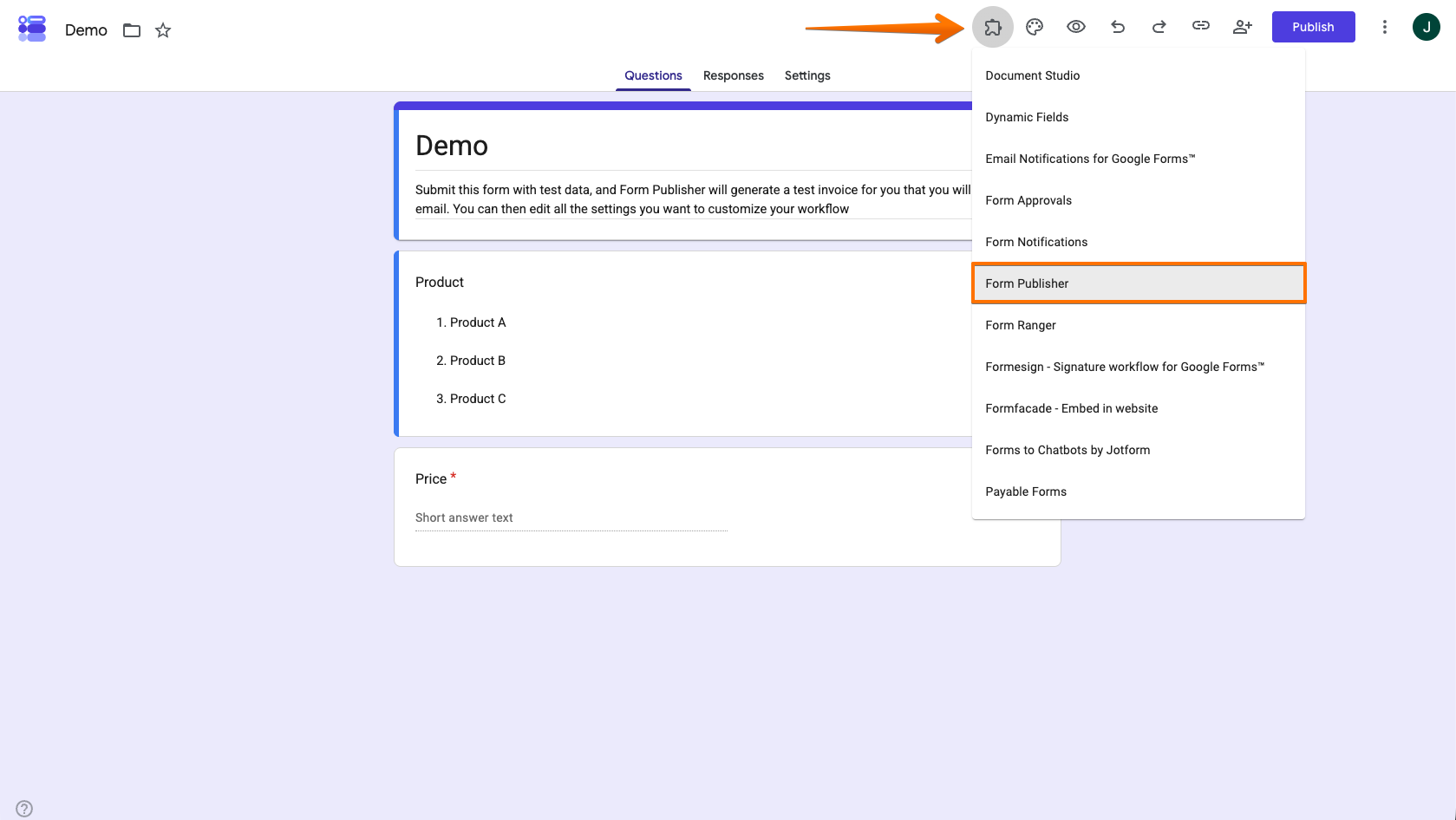 Google Forms Add-ons Dropdown Form Publisher Option