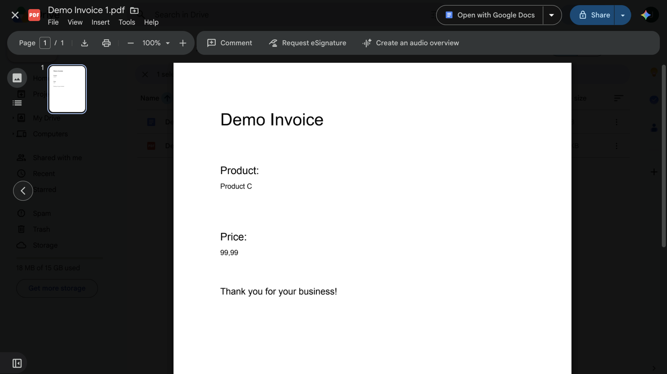 Invoice PDF generated by Form Publisher Add-on from Demo Form Submission
