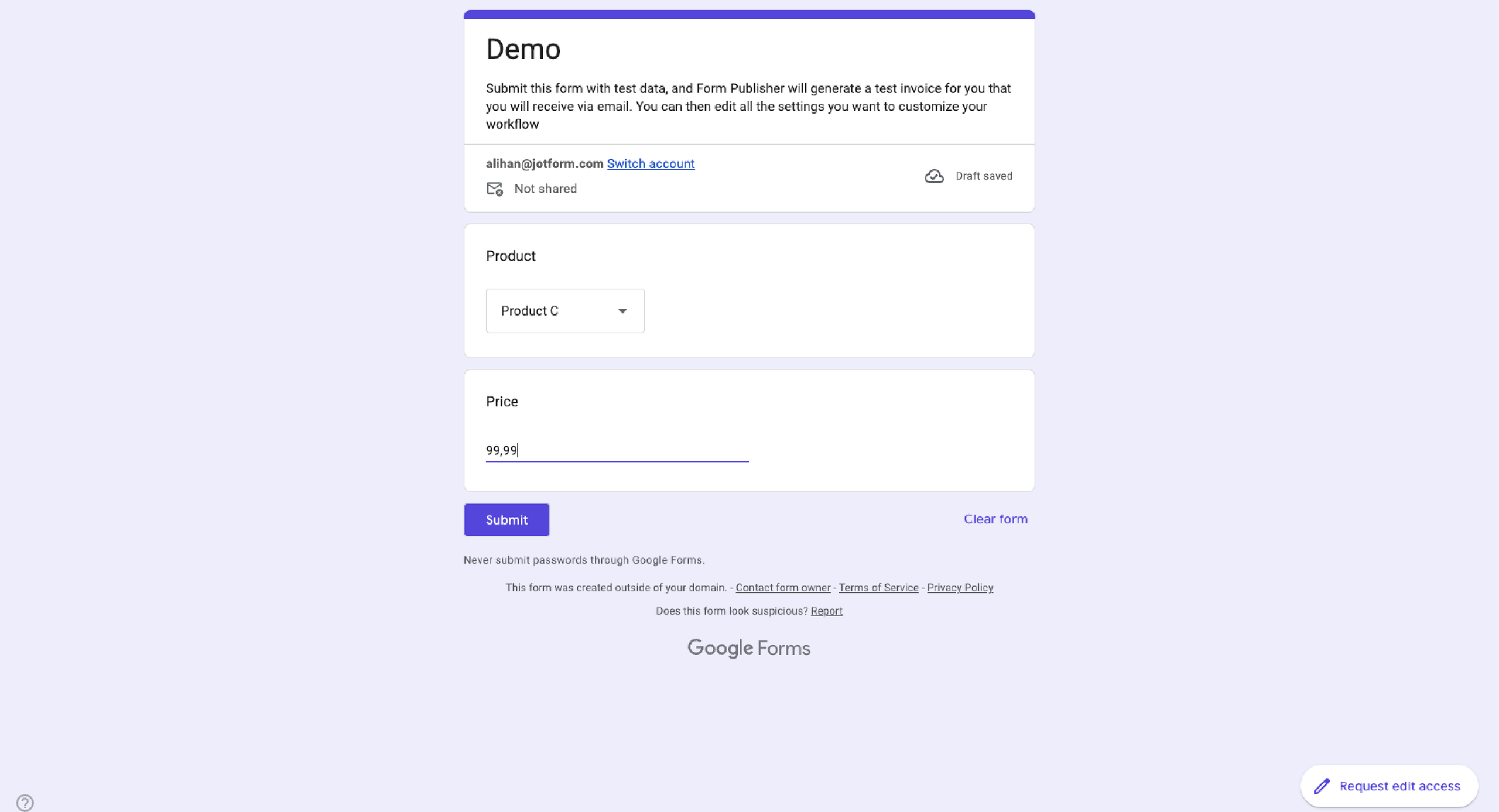 Google Forms Demo Form for Form Publisher