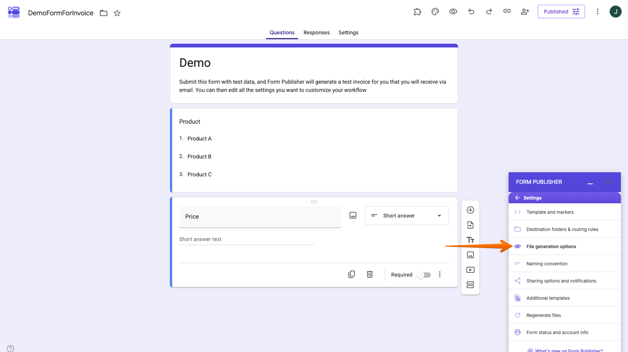 Demo Form Form Publisher Add-on File generation options menu