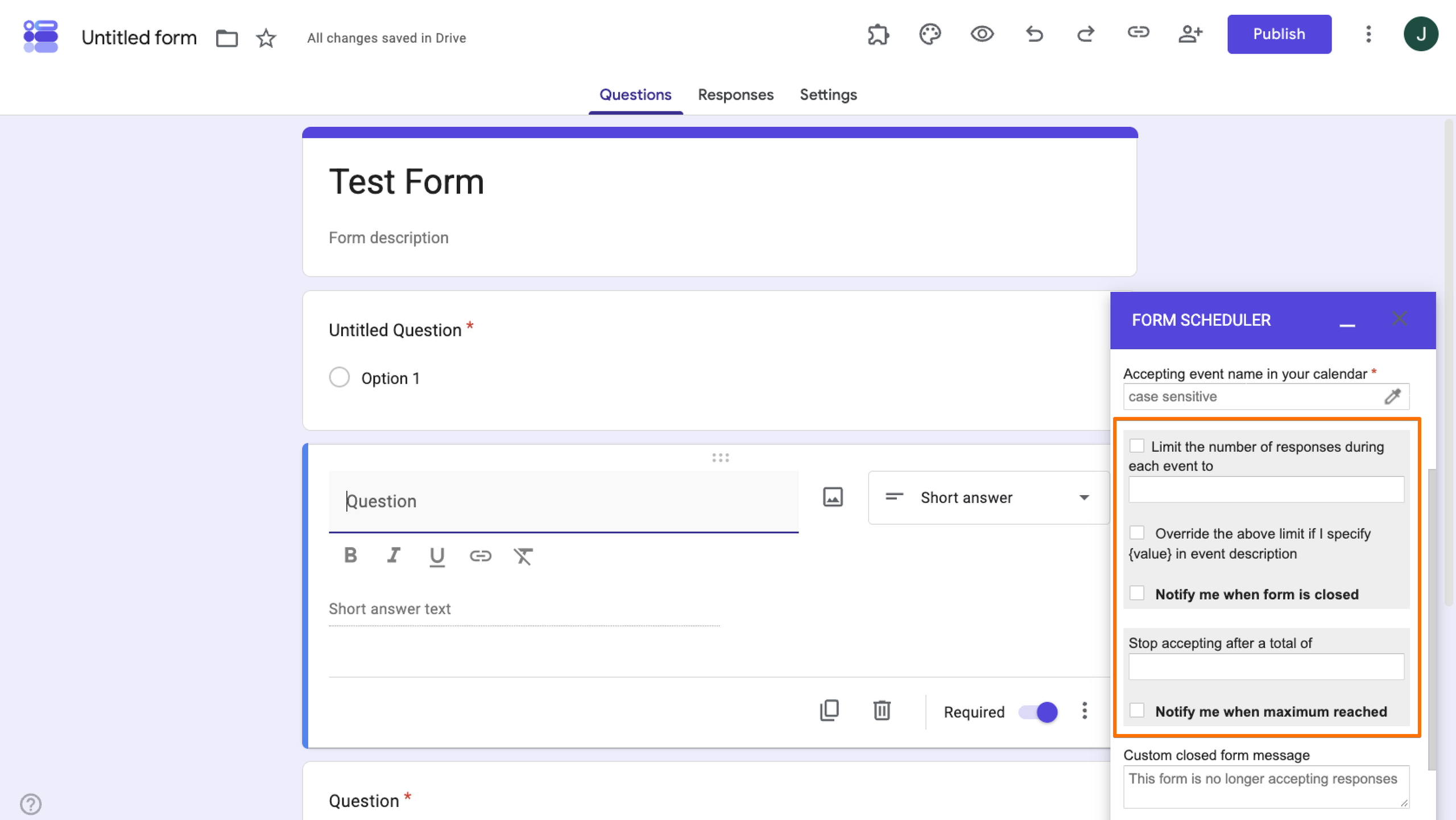 Google Forms 스크린샷으로, 반복 캘린더 이벤트에 대한 응답 제한을 설정하는 방법을 보여줍니다