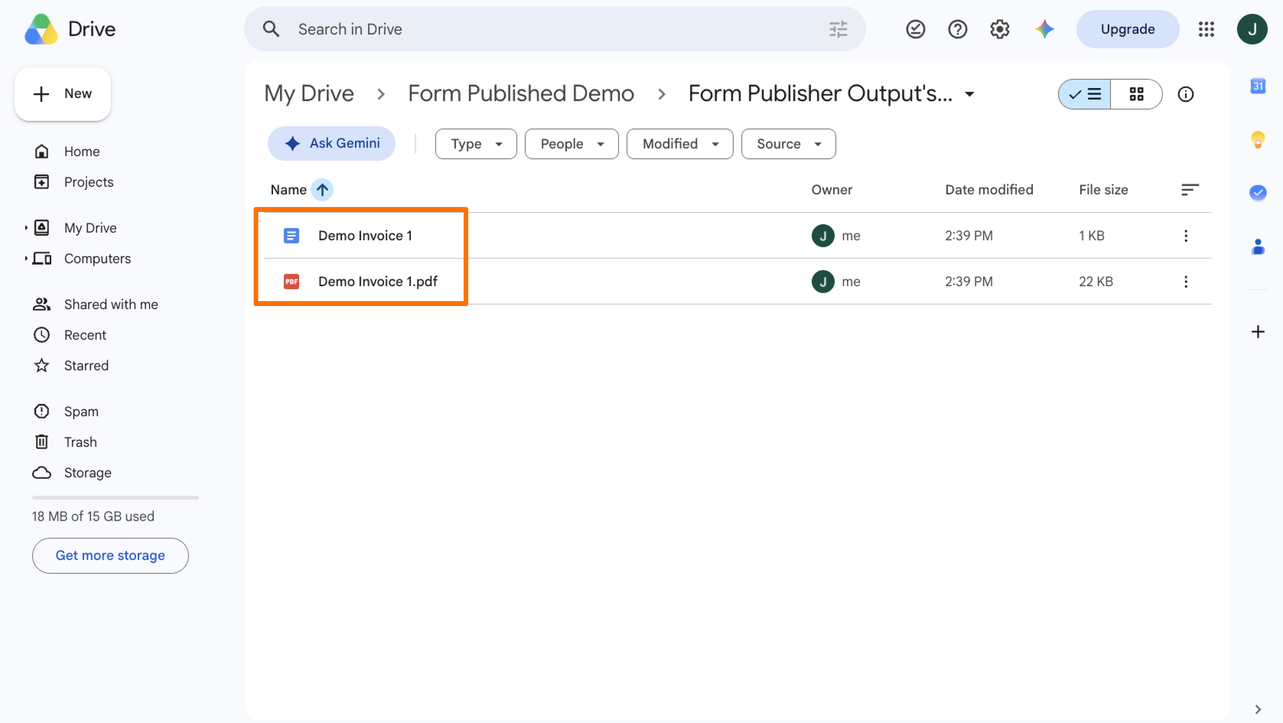 Files generated by Form Publisher Add-on from Demo Form Submission
