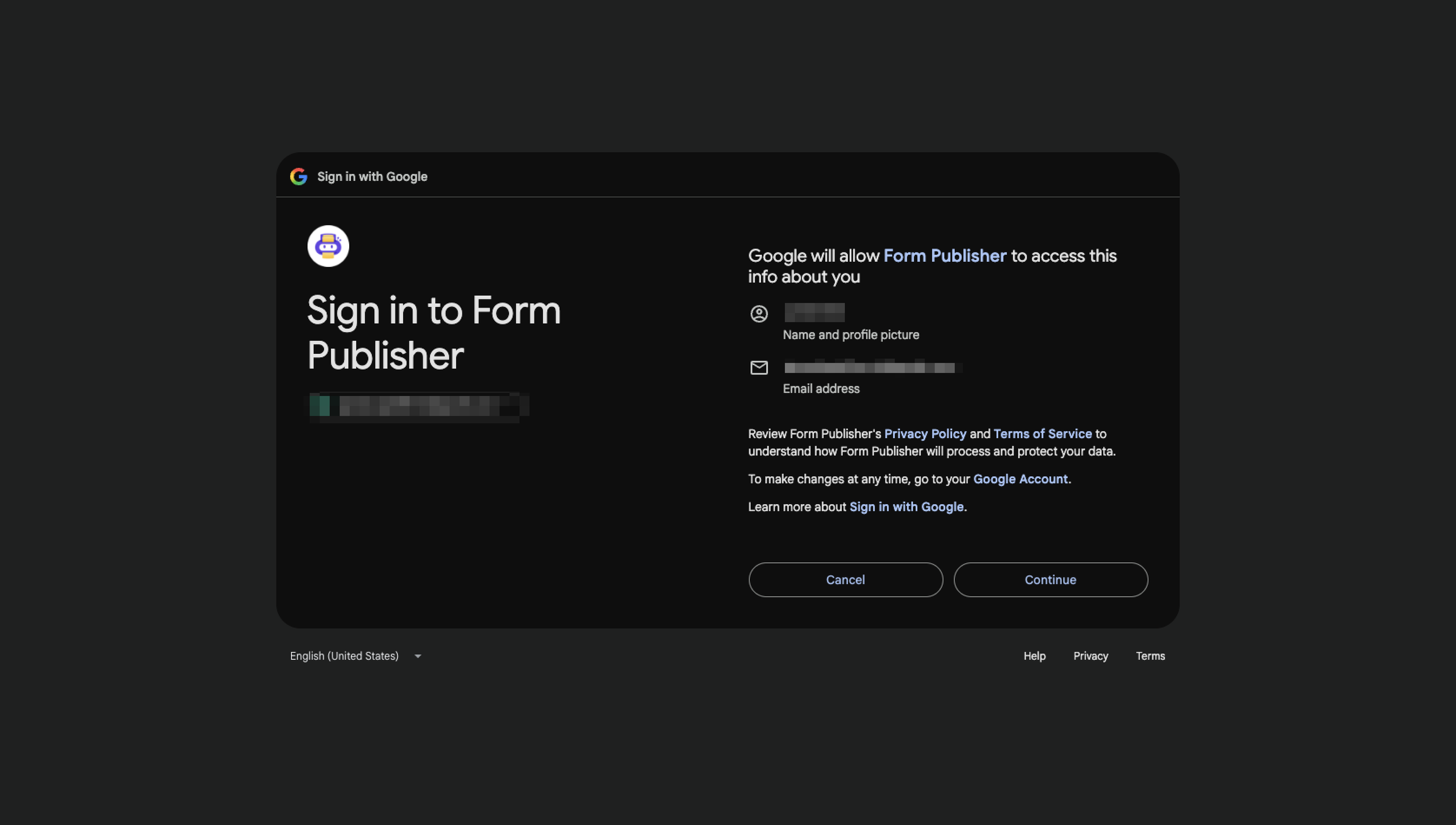 Form Publisher Sign in Pop up