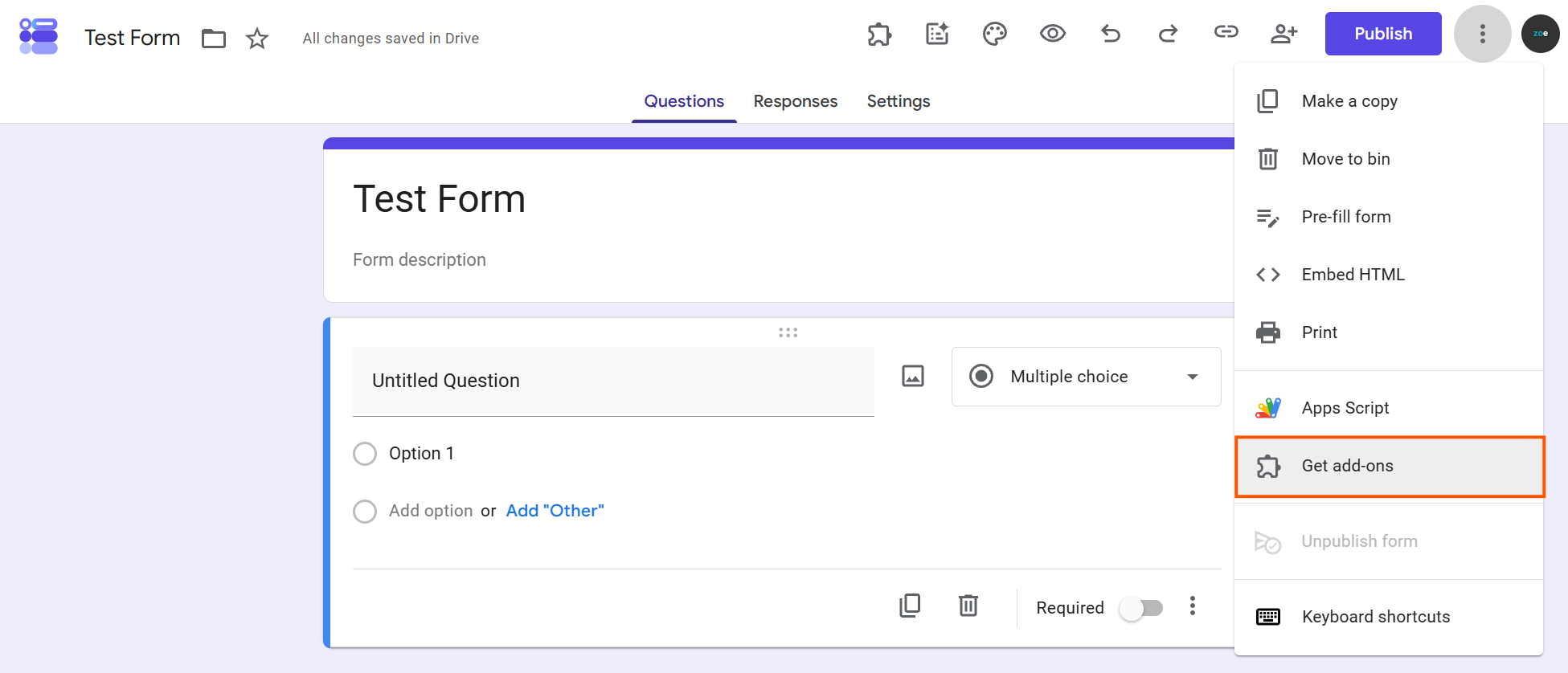 Google Forms의 Form Scheduler 스크린샷으로, Google Forms에서 Form Scheduler를 사용하는 방법을 보여줍니다