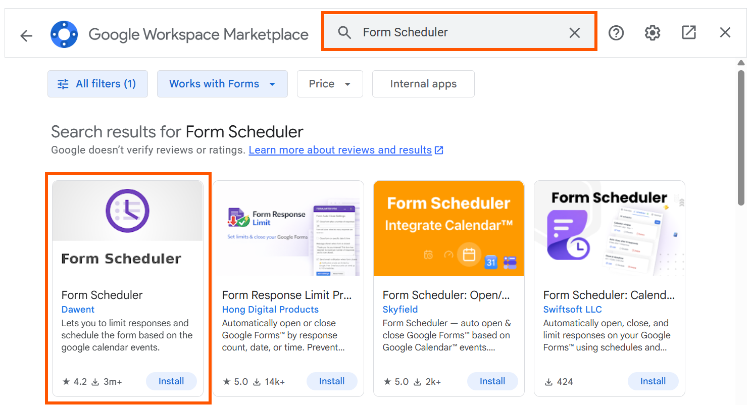 Google Workspace Marketplace에서 Form Scheduler를 찾는 방법을 보여주는 Google Workspace Marketplace 스크린샷