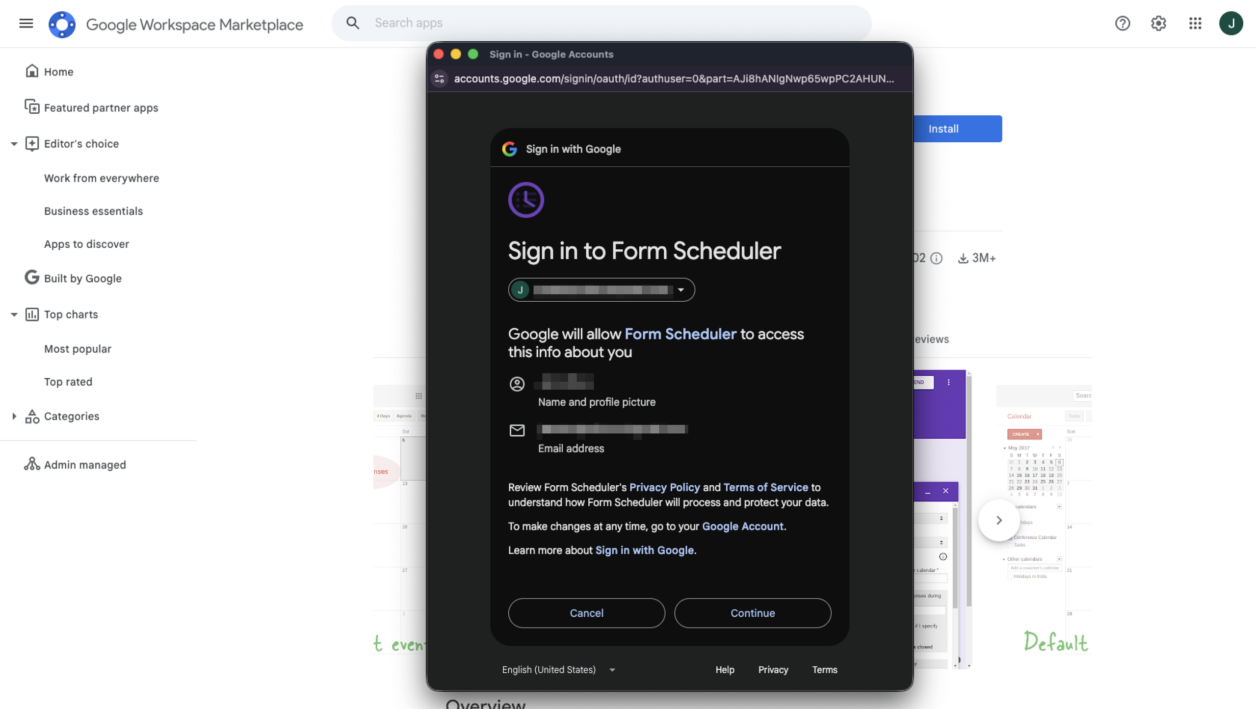 Form Scheduler 설정 화면 스크린샷으로, Form Scheduler와 Google Workspace 계정 간의 권한 허용 방법을 보여줍니다