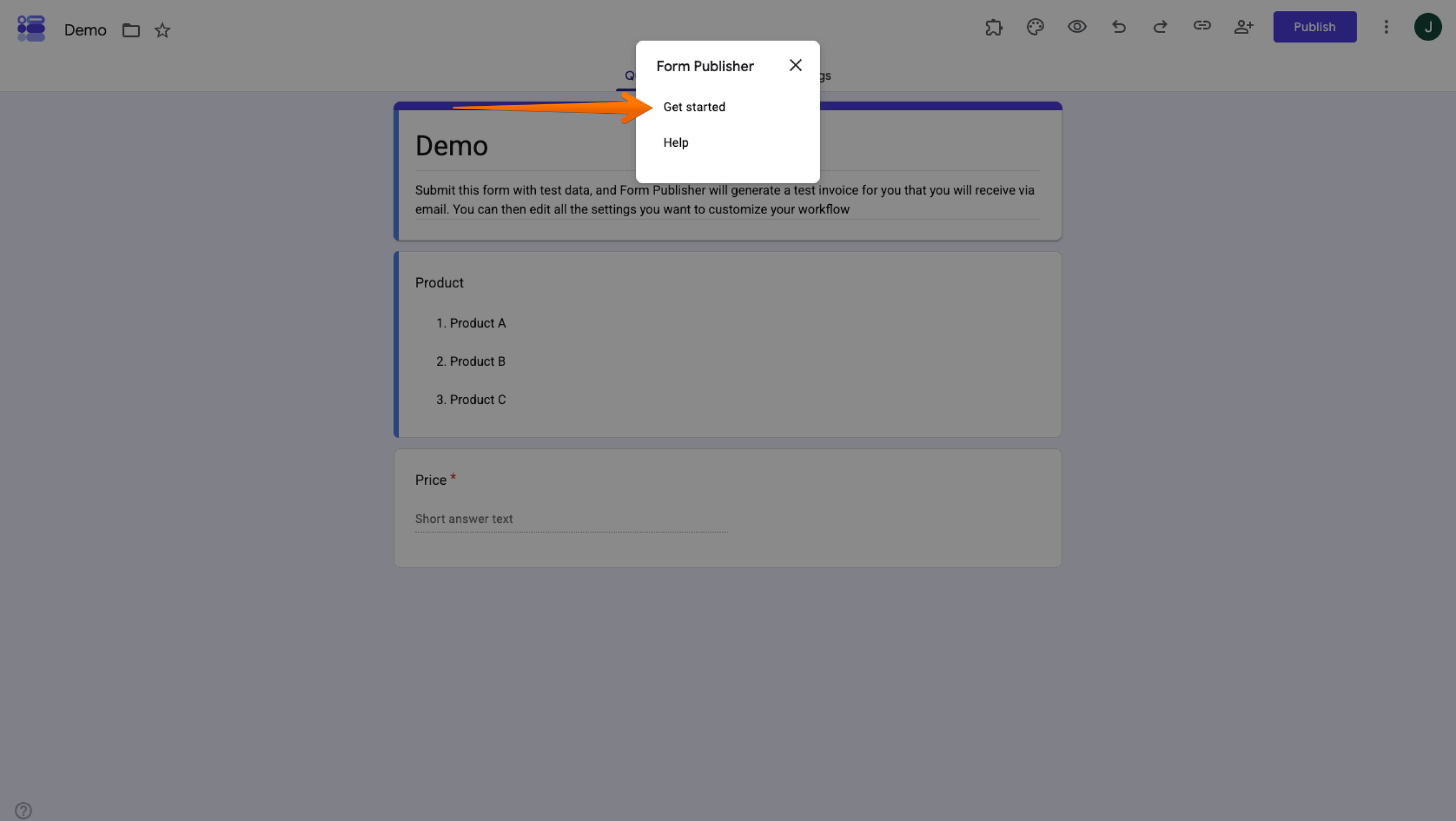 Form Publisher "Get started" option