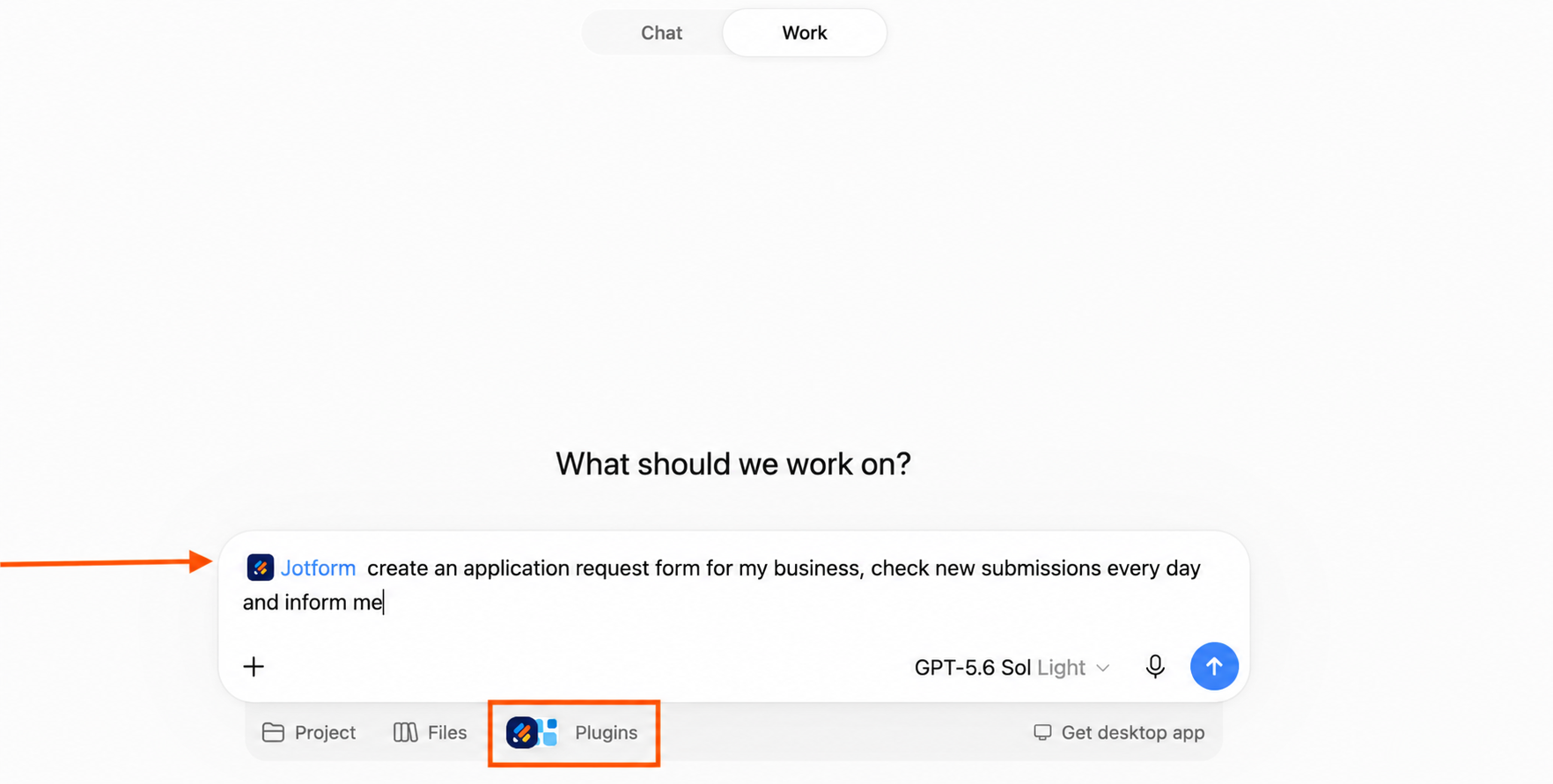Prompt su ChatGPT che richiama l'app ChatGPT di Jotform nella conversazione