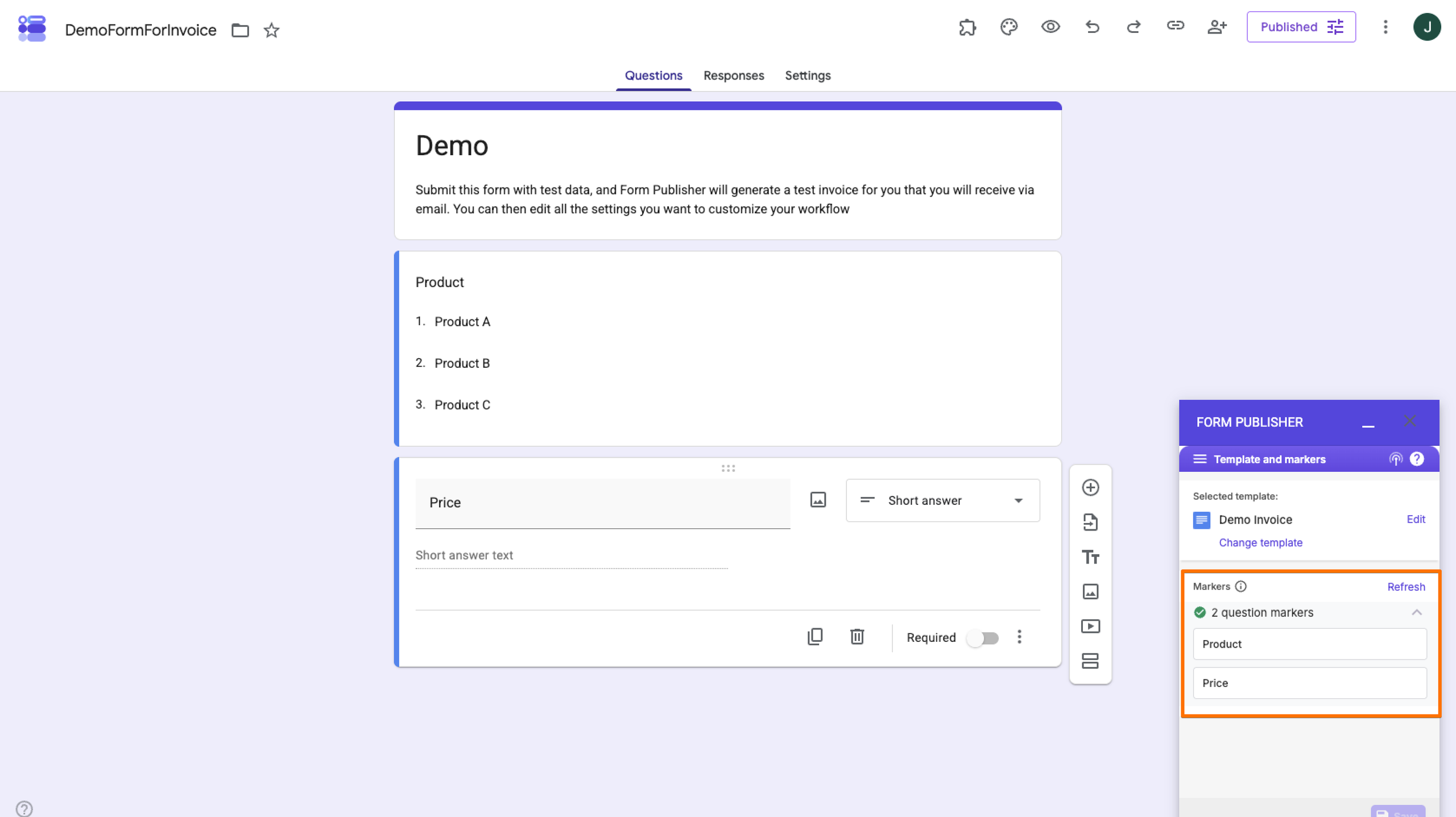 Demo Form Form Publisher Add-on Template and markers menu identified markers section