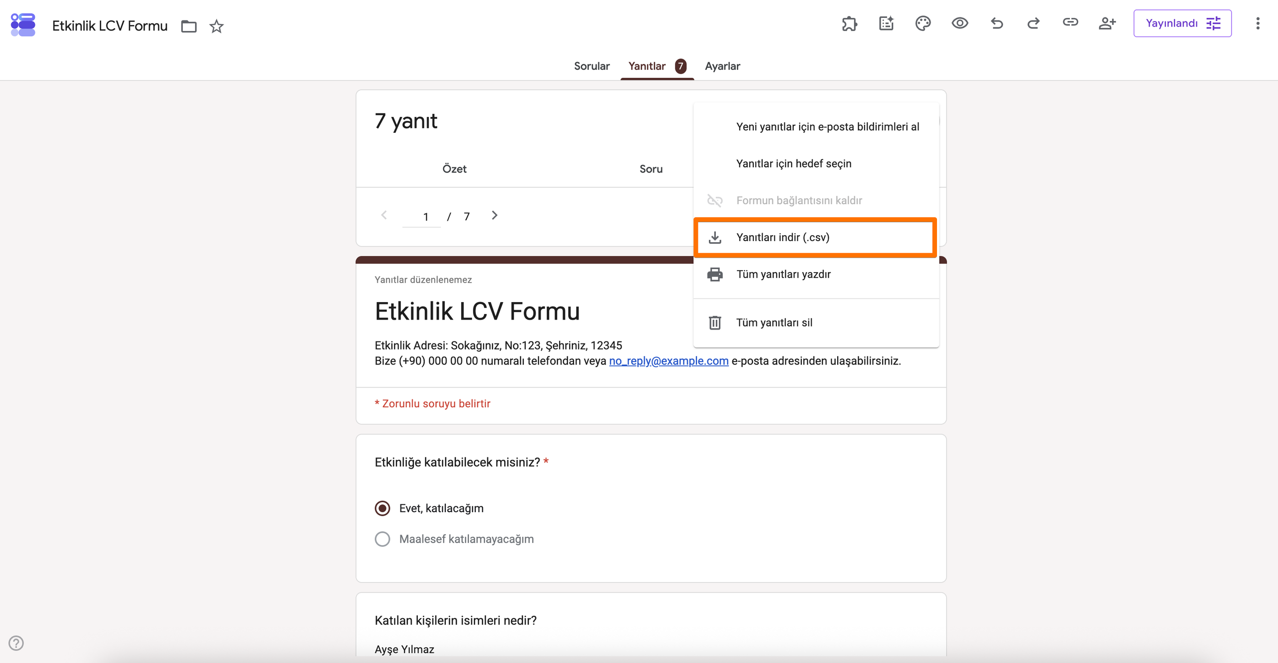 "Yanıtları indir (