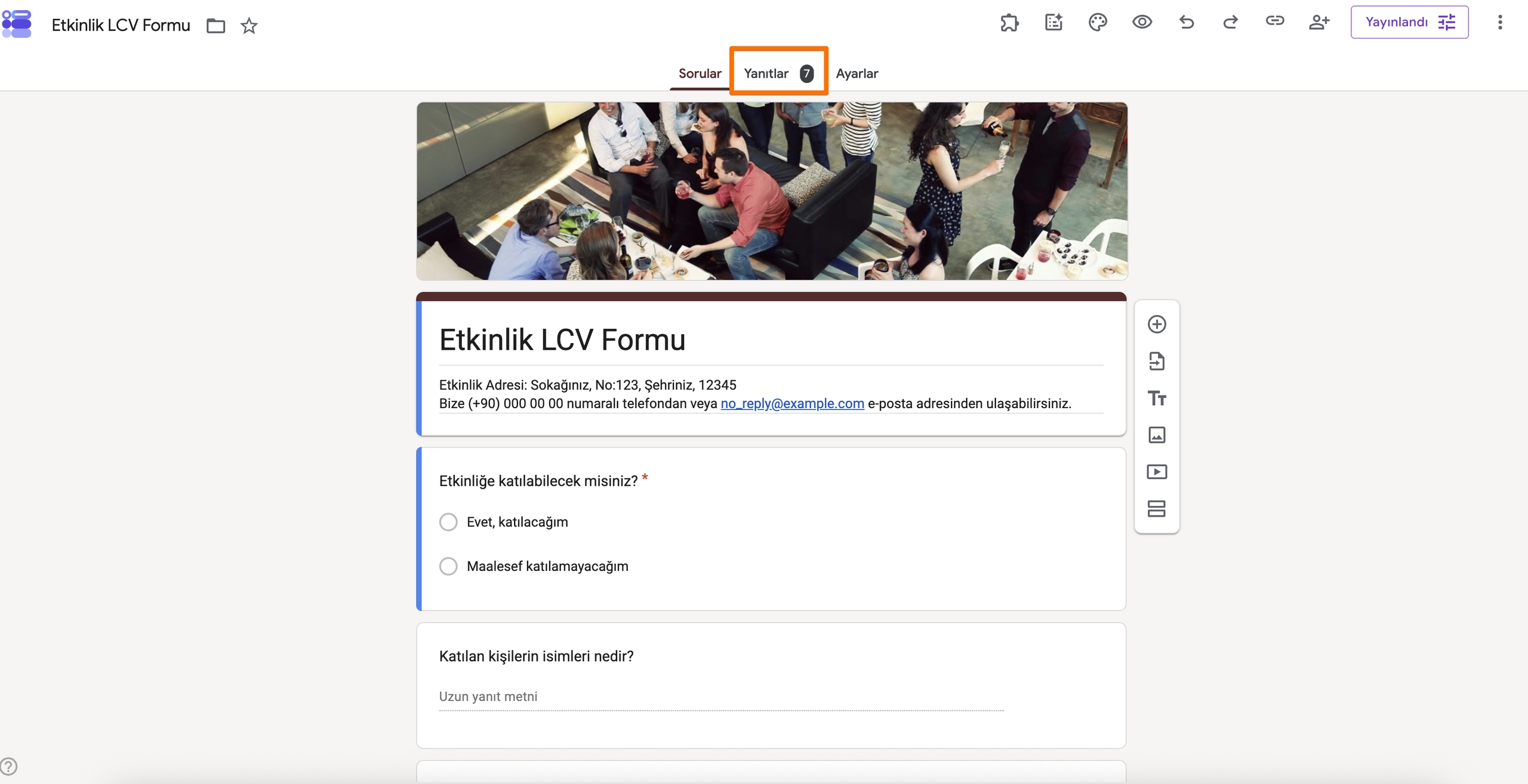 Üst menüde Yanıtlar sekmesi vurgulanmış Google Forms arayüzü