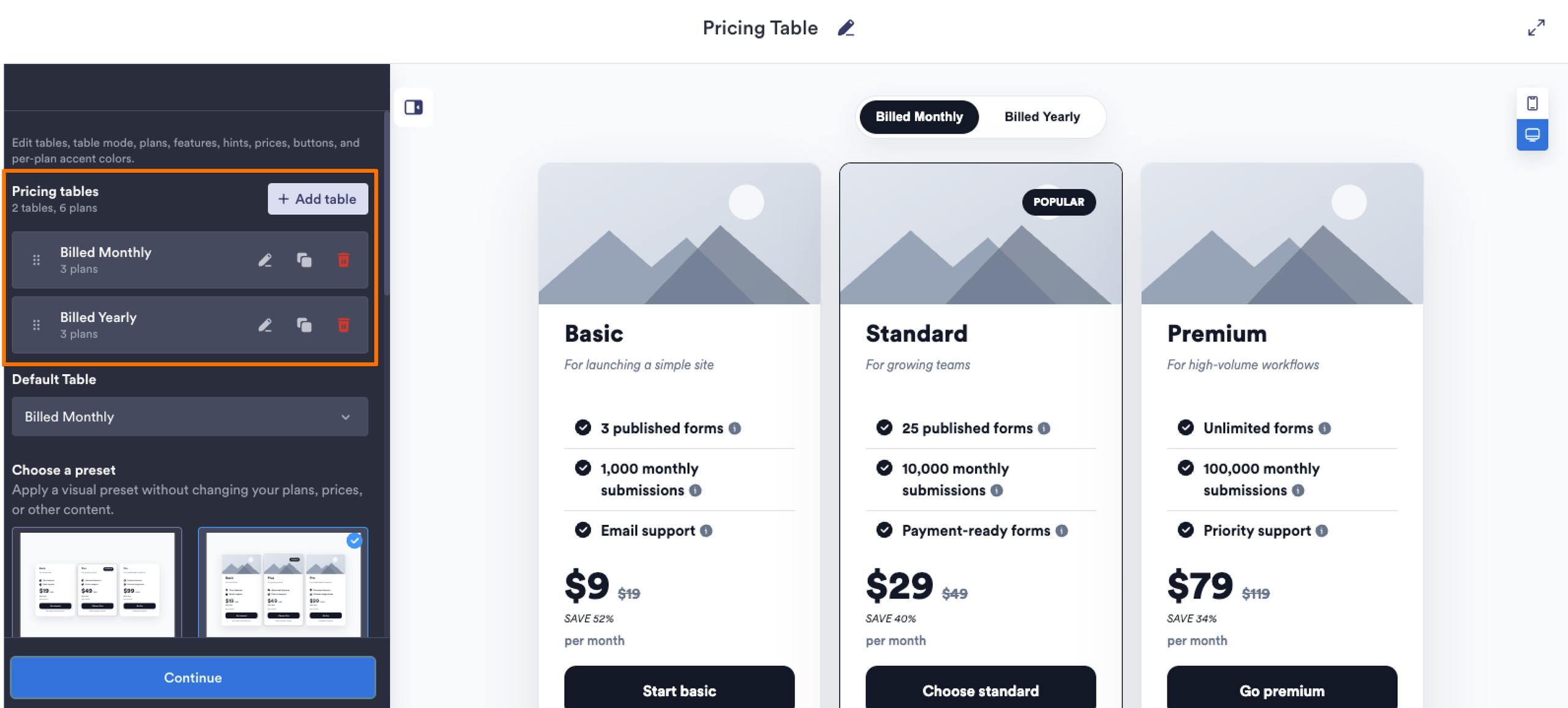 Jotform Website Widgets Pricing Table Widget Builder Pricing Tables Section with an Add Table button
